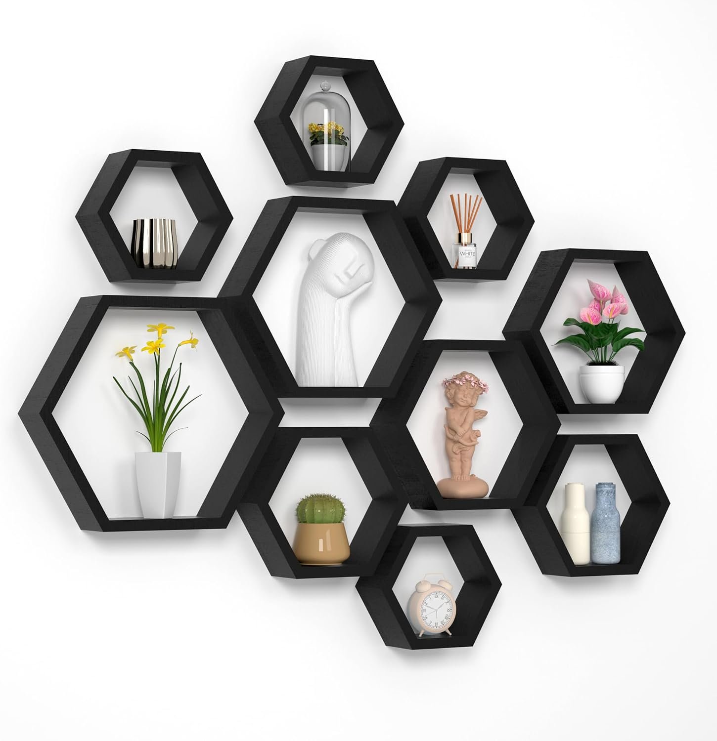 WONFUlity Hexagon Floating Shelves Honeycomb Wall Mounted Wood Farmhouse Storage for Bathroom, Kitchen, Bedroom, Living Room – Driftwood Finish Wall Decor, Black