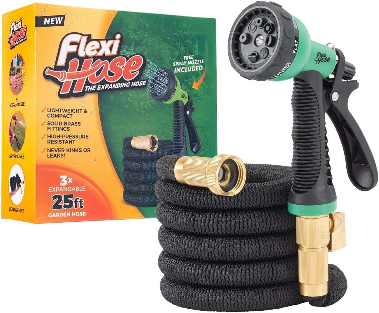 Flexi Hose with 8 Function Nozzle, 25FT – Lightweight Expandable Garden Hose, No-Kink Flexibility, 3/4 Inch Solid Brass Fittings and Double Latex Core