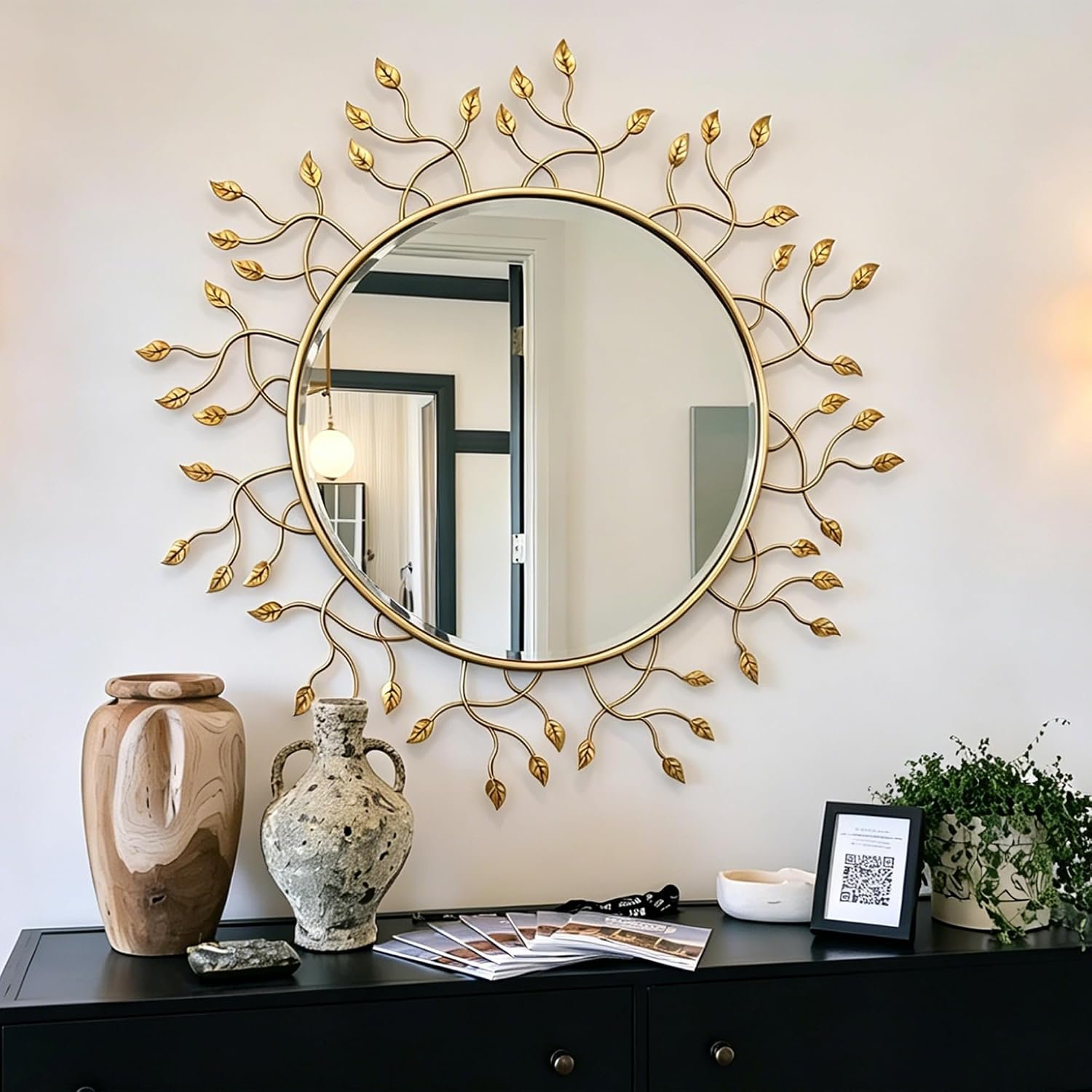 Chende 39″ x 39″ Gold Decorative Wall Mirror, Large Round Mirror with Metal Leaves, Gold Frame for Living Room, Entrance, Dining Room, Bedroom