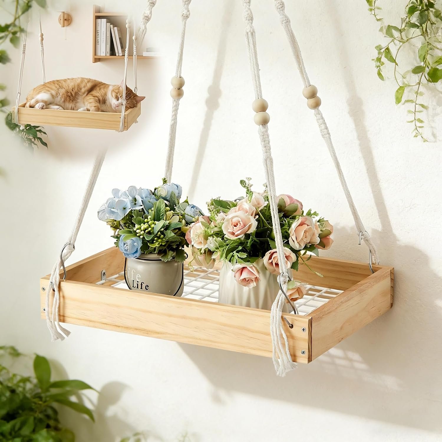 Novabright 1 Pcs Window Hanging Plant Shelf with Macrame Adjustable Rope, 16″ Large Wooden Plant Hanger Indoor with Metal Frame, Load 50lb, Suit for Window Ceiling Wall Mount Boho Decor