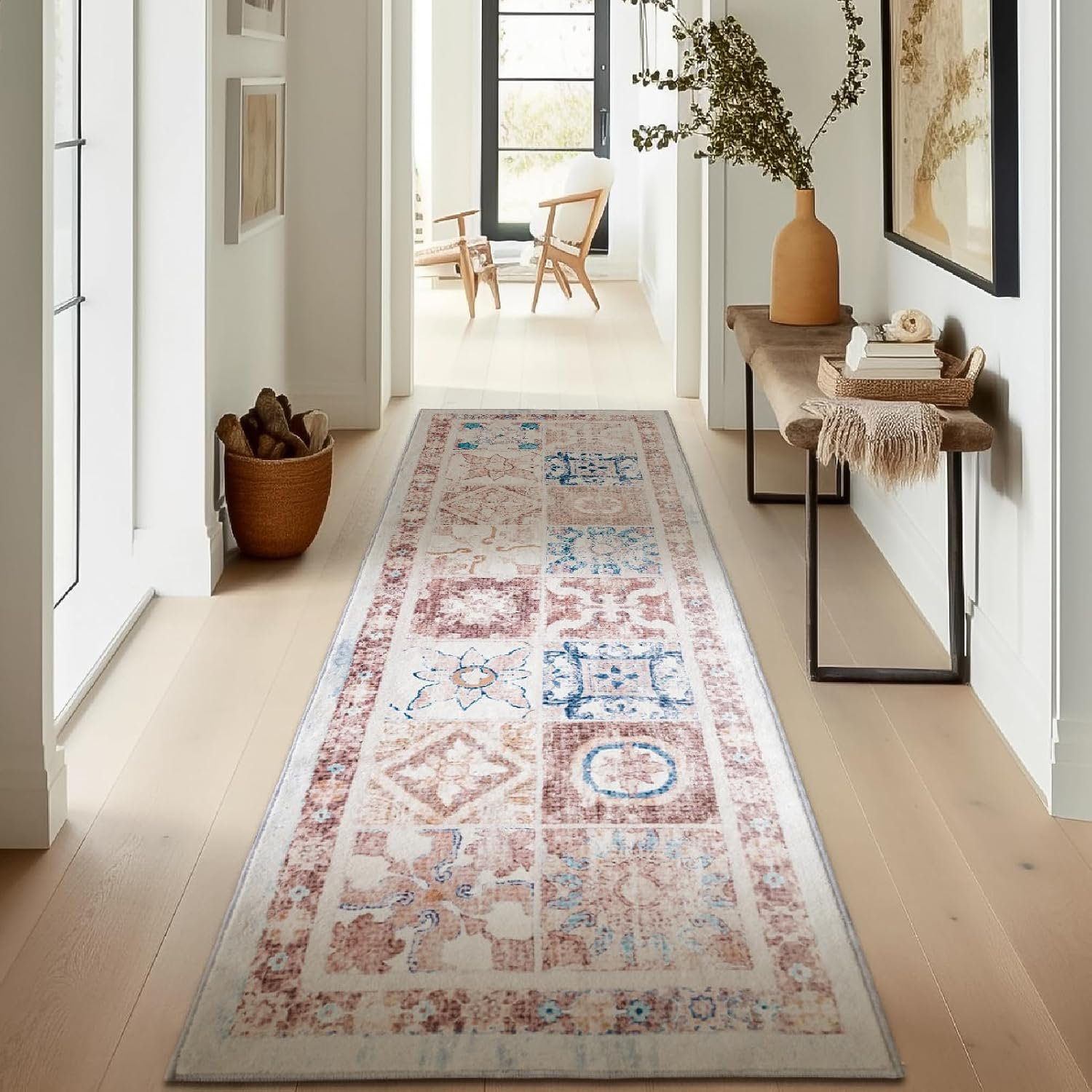 Ashler Boho Runner Rugs, Area Rugs 2×6 Feet Vintage Rug for Entryway, Hallways Entry Rug, Indoor Area Rug for Livingroom, Bedroom, Floor, Machine Washable Carpet, Non-Slip Backing, Light Brown-Blue
