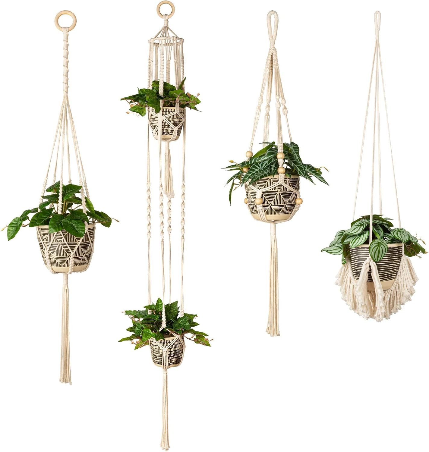 Macrame Plant Hanger Indoor Set of 4, Bohemian Hanging Planter with Tassels