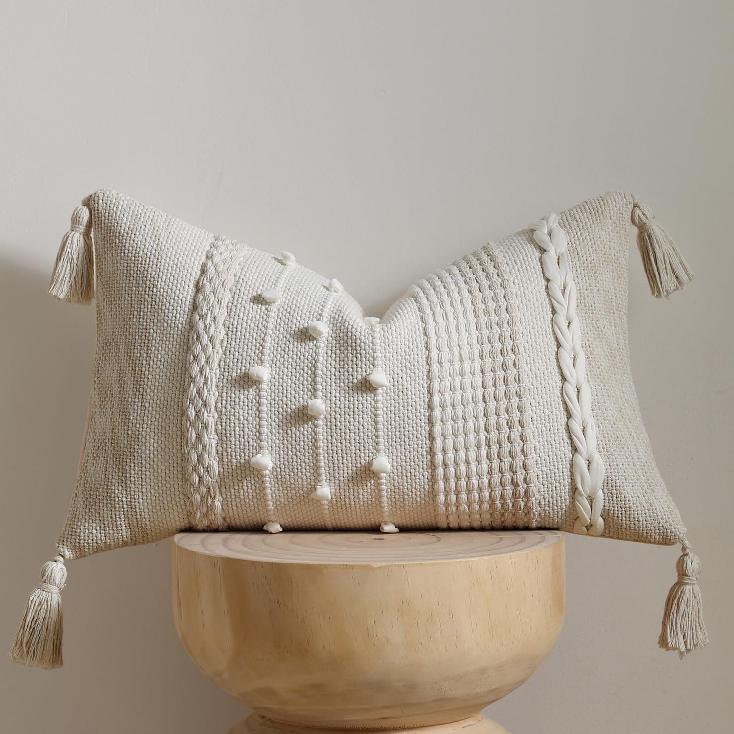 Boho Lumbar Pillow Cover 12×20 Beige – Handmade Woven Textured Rectangular Throw Pillow Case with Cordings & Tassels, Decorative Accent for Couch Sofa Bed Farmhouse Living Room Bedroom Home Decor