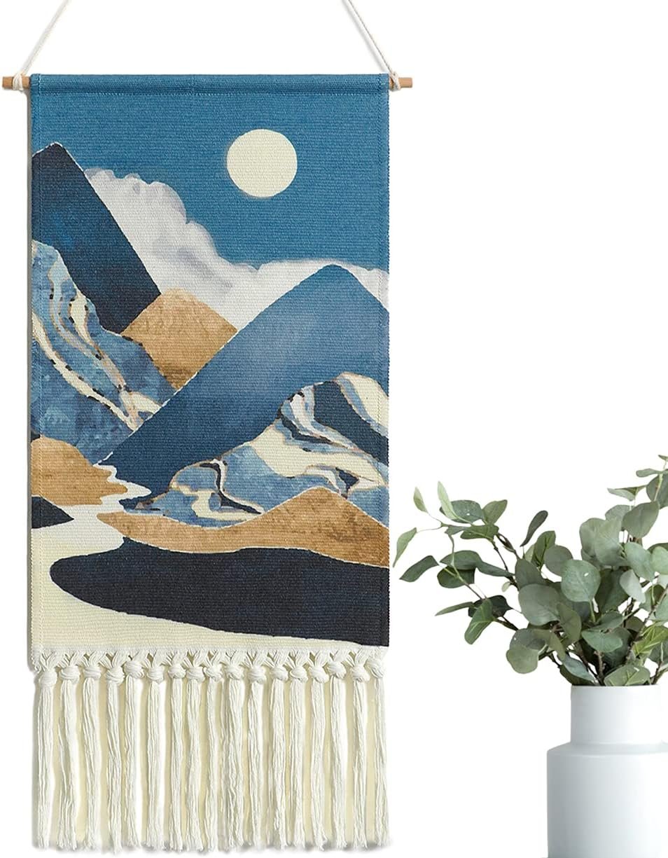 Blue Macrame Woven Wall Hanging Tapestry Boho Wall Art Moon Mountain