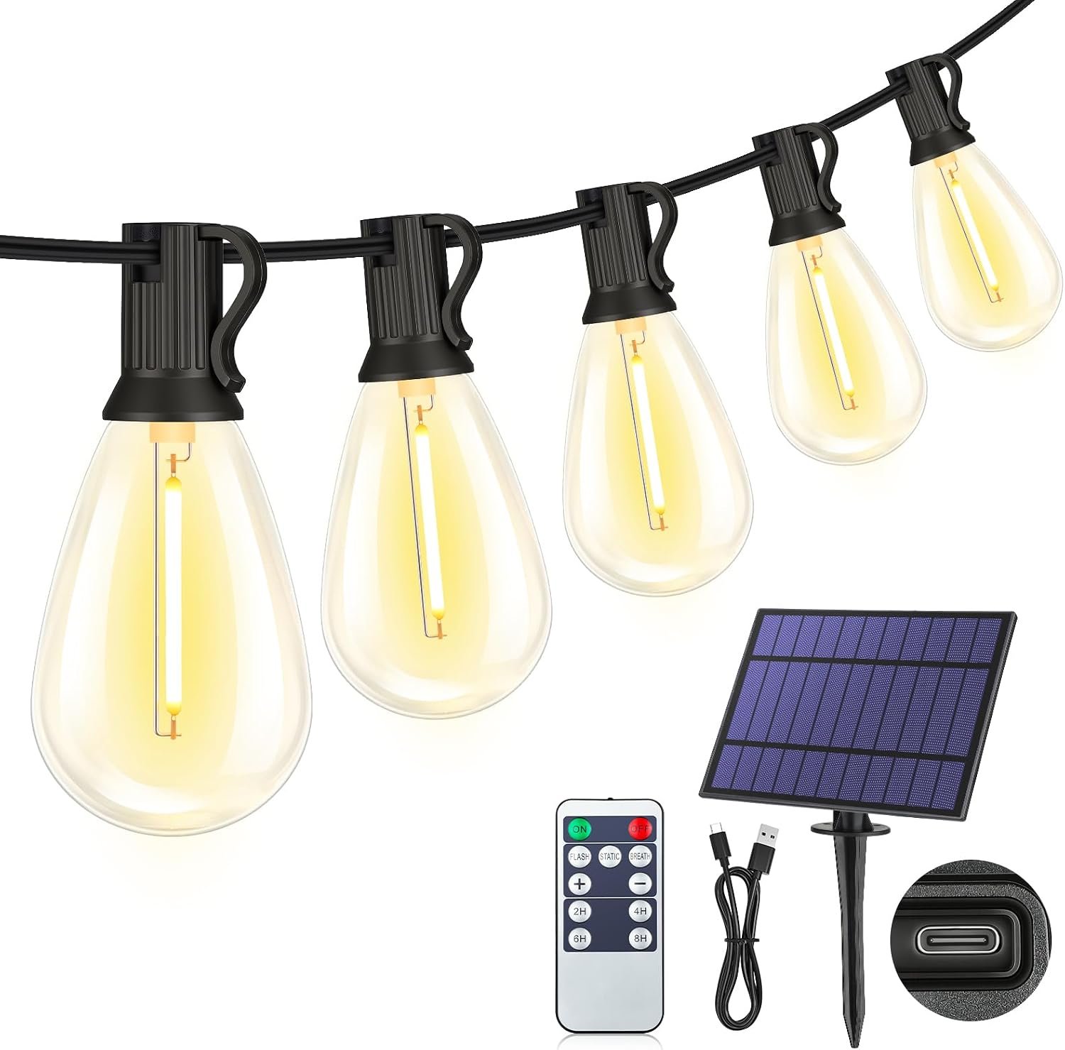 25FT Solar String Lights with Remote, 3 Mode Patio Lighting, Black