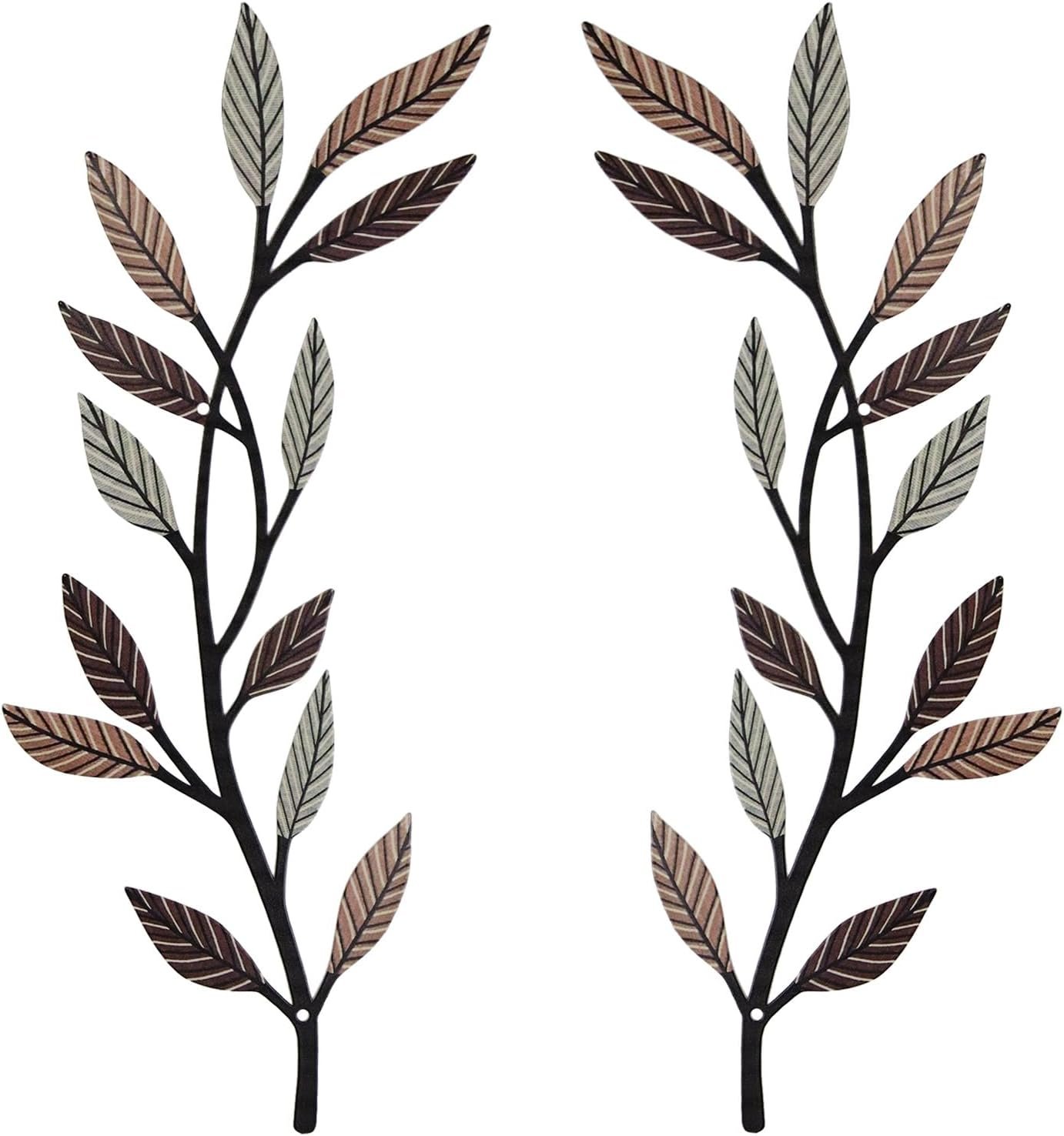 AHYS Metal Tree Leaf Wall Decor 2 PCS Rustic Vine Branch Leaf Wall Art for Living Room Bedroom Bathroom Decorations – Vintage Brown