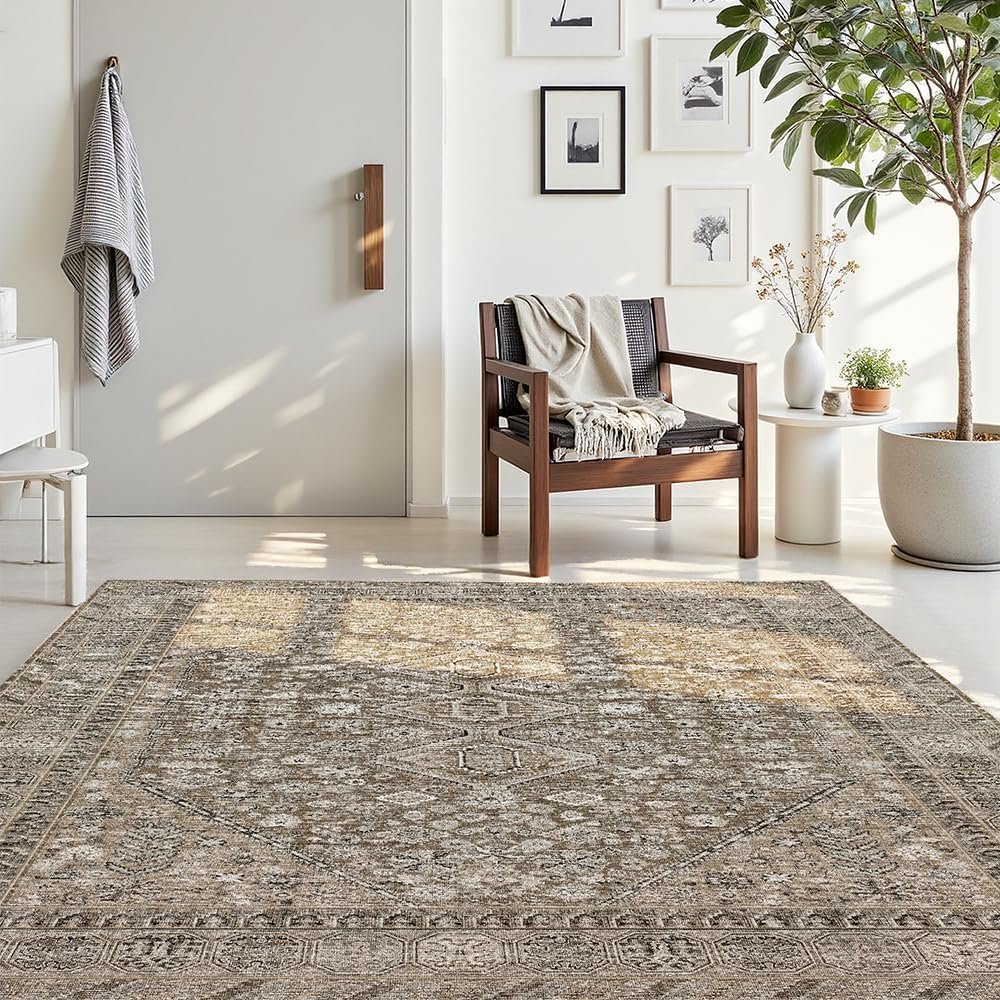 8×10 Beige Brown Washable Area Rug for Living Room, Vintage Print