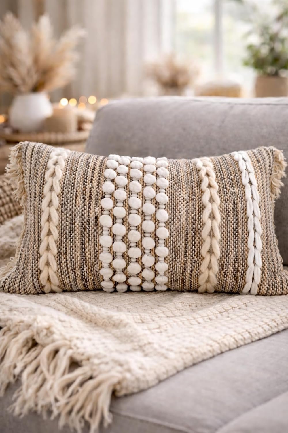 Decorative Boho-Chic Lumbar Pillow Cover 12×20 Premium Handwoven Tufted Cotton &Wool Accent Pillows, Earthy Color Throw Cushion, Farmhouse & Bohemian Home Decor (Limited Edition Cover Only)