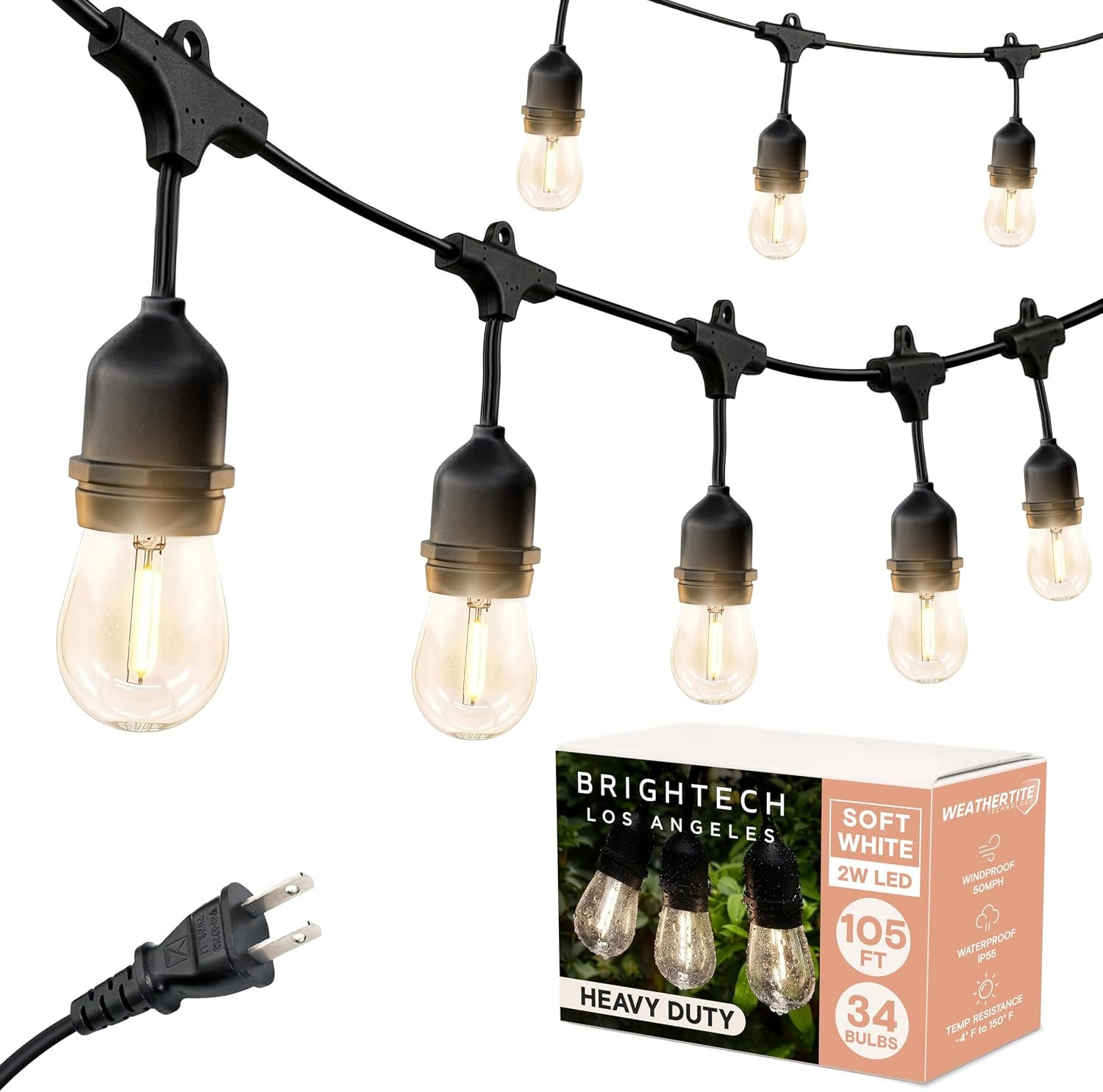 Brightech Ambience Pro 105Ft LED String Lights – 2W Commercial Grade Patio Lighting Outdoor Waterproof – Heavy Duty Dimmable Vintage Edison Porch Lights for Outside, Backyard – 34 Bulbs, Soft White