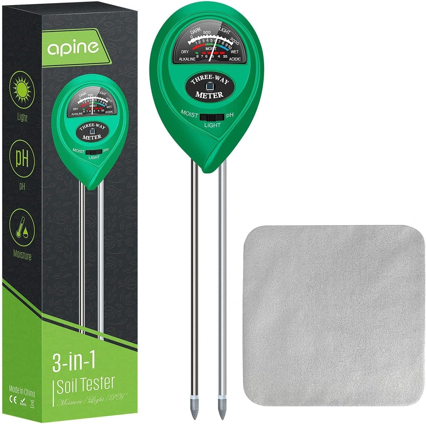 apine Soil Moisture Meter,3 in 1 Soil pH Tester,Soil Tester with Moisture,Light,and pH Test for Garden,Farm,Lawn,Indoor,Outdoor (No Battery Needed)