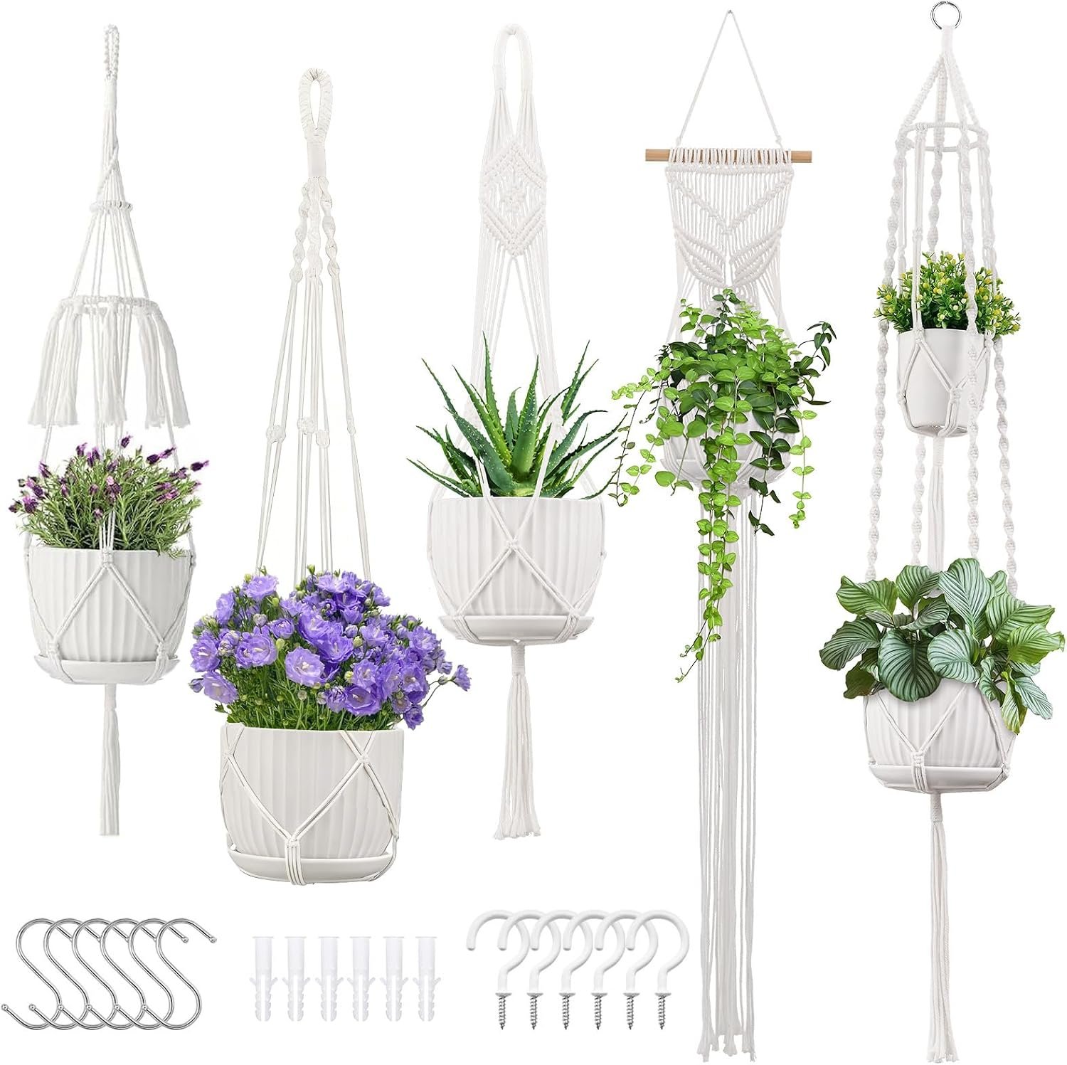 Macrame Plant Hangers 5Pack, Handmade Cotton Rope Hanging Planters