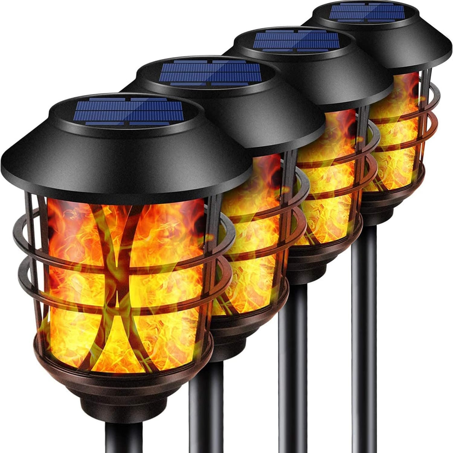 TomCare Solar Lights Outdoor Metal Flickering Flame Torch Lights, 4 Pack