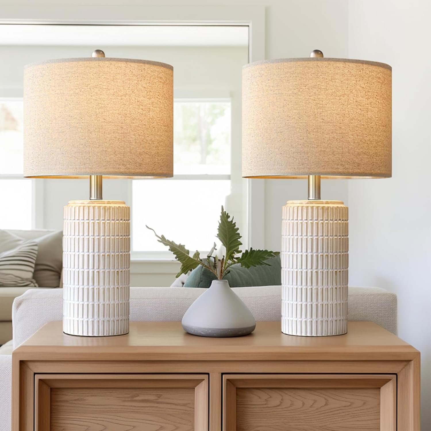 PoKat 23″ Modern Ceramic Table Lamp Set of 2 for Living Room Bedroom, White