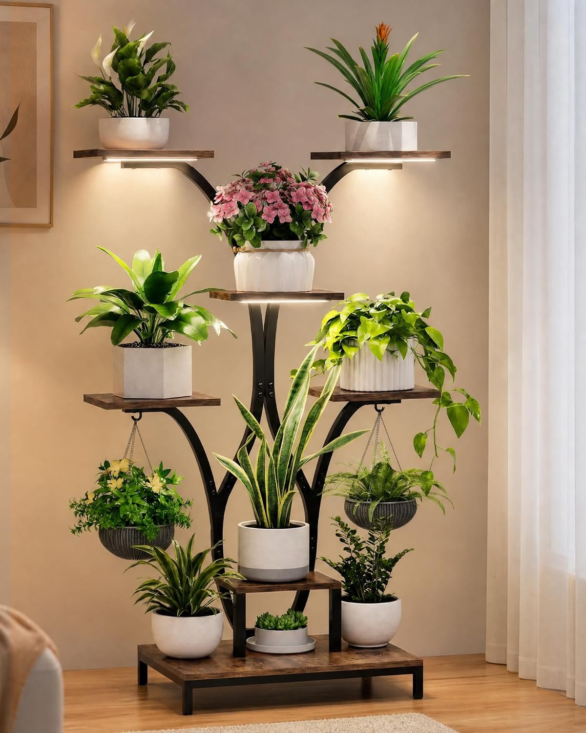 Indoor Plant Stand with Grow Lights, 59″ Tall Corner Plant Stand for Multiple Plants, 7 Tiered Plant Shelf, Metal and Wood Plant Rack for Living Room, Bedroom, Home Decor, Brown