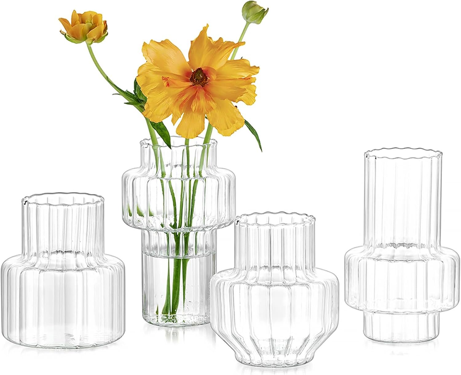 Hewory Ribbed Bud Vases for Centerpieces: 4PCS Small Flower Vases Bulk