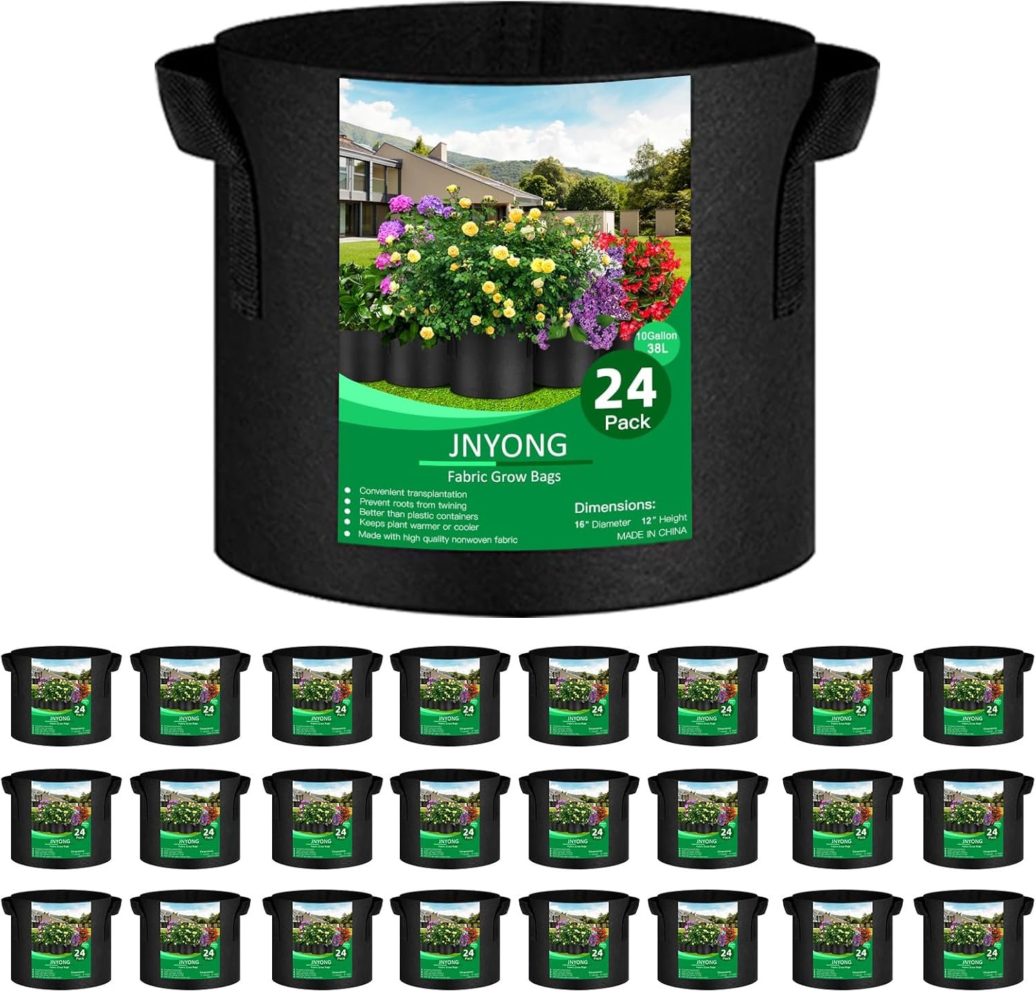 JNYONG 24-Pack 10 Gallon Thickened Non-Woven Grow Bags