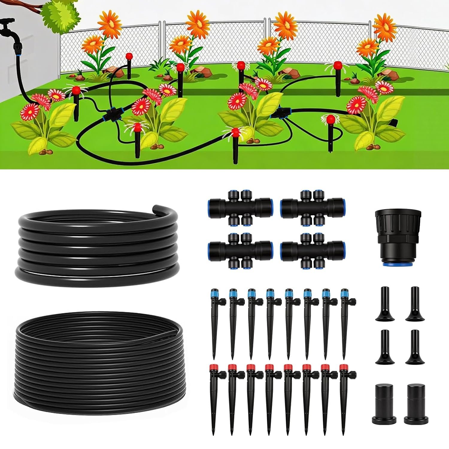 100FT Drip Irrigation System Kit, Quick Connect Garden Watering System, Easy Install Drip Irrigation Kit with 1/2″ & 1/4″ Tubing, Adjustable Emitters for Garden, Raised Beds, Greenhouse