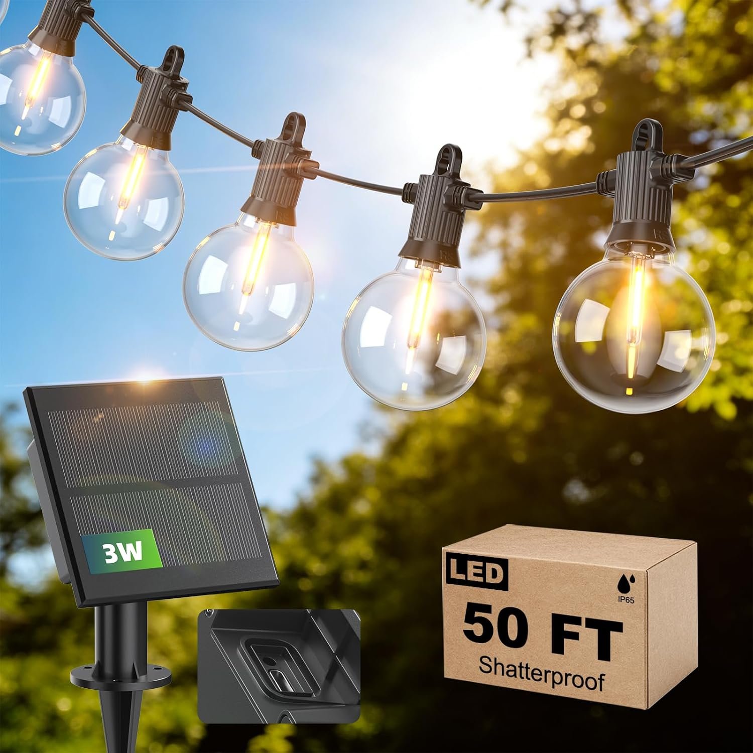50FT G40 Solar String Lights Outdoor Waterproof IP65 with USB-Charging