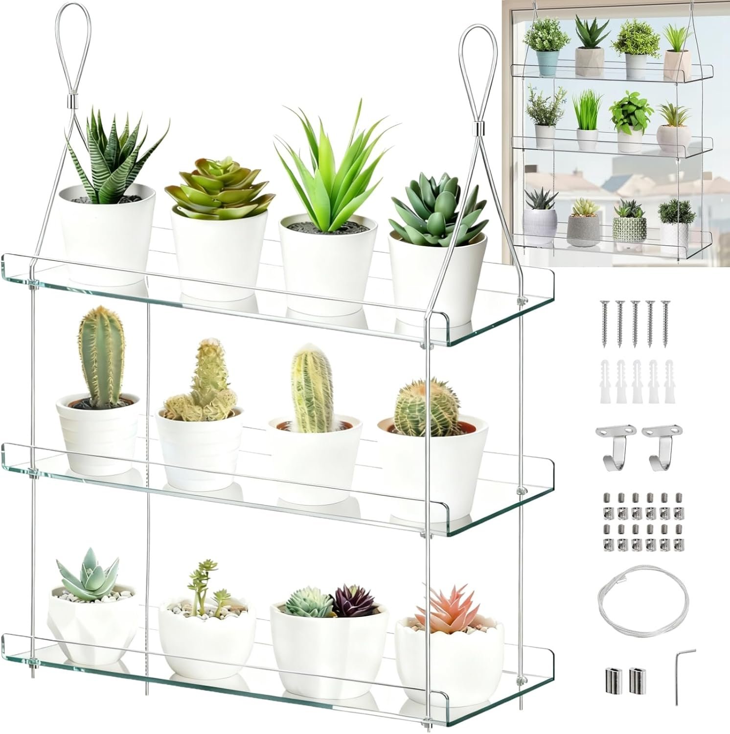 Tlence 3-Tier Window Plant Shelves, Hanging Acrylic Plant Shelf for Indoor, Clear Window Shelf for Plants, Height Adjustable Flower Display Stand, Succulent Pot Organizer for Herbs Microgreens