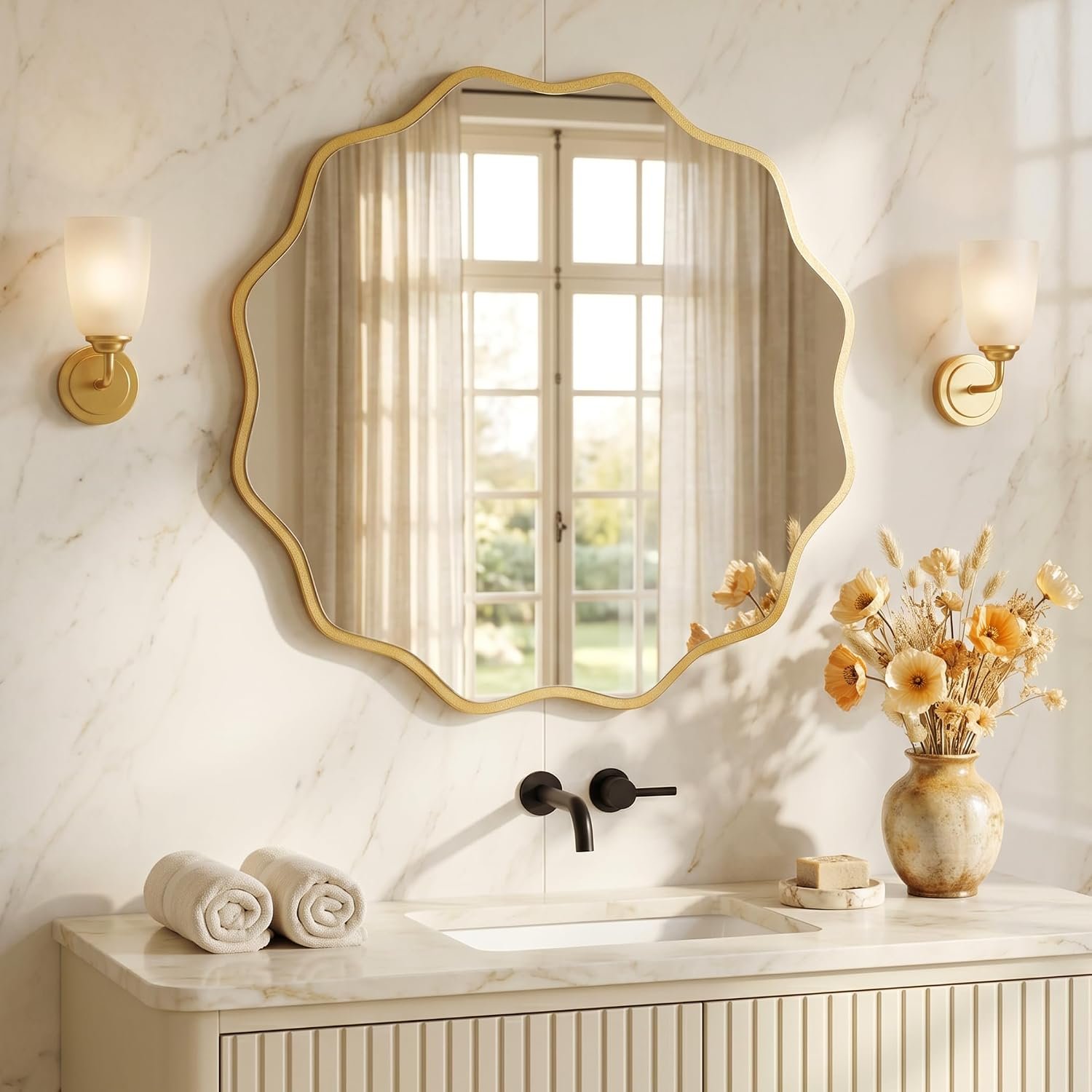 PERFNIQUE Gold Scalloped Mirror, 30” Round Wall Mirrors Wavy Wood Framed with Tempered Glass for Bathroom Nursery Bedroom Living Room Entryway, Decorative Modern Wall Decor