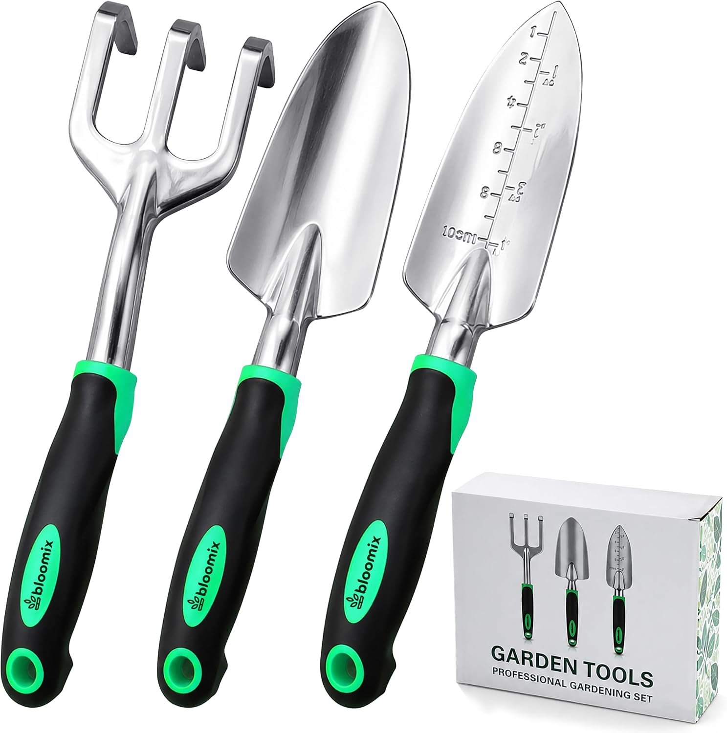 Bloomix Set of 3 Stainless Steel Gardening Tool Set – Hand Cultivator, Transplanter & Trowel with Soft-Grip Ergonomic Handles – Durable Garden Kit for Digging, Planting and Soil Care Green & Silver