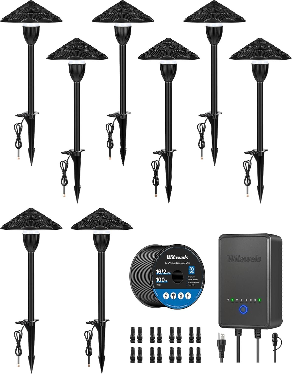 All-in-One LED Low Voltage Landscape Lighting Kit, 8-Pack LED Pathway Lights with Transformer, 100FT Wire and Connectors, 3000K Waterproof Landscape Lighting for Yard Garden Walkway W03LK06