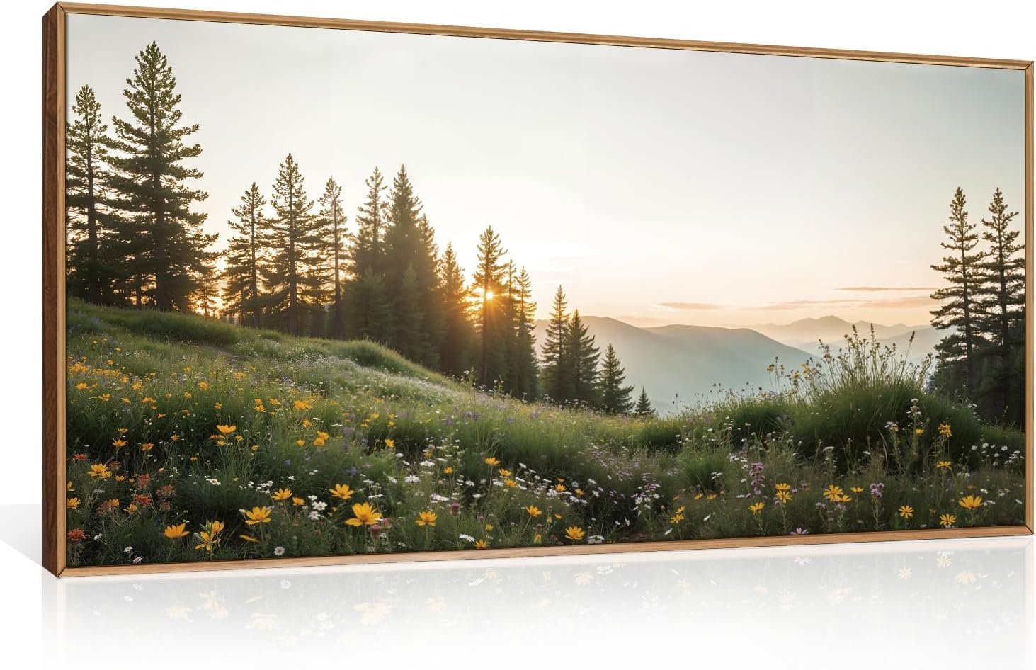 FWIEXA Green Forest Mountain Framed Canvas Wall Art Set, Wildflower Meadow Wall Decor, Floral Pictures Artwork, Nature Sunset Landscape Art Prints for Living Room, Bedroom, Office – Size 20″x40″