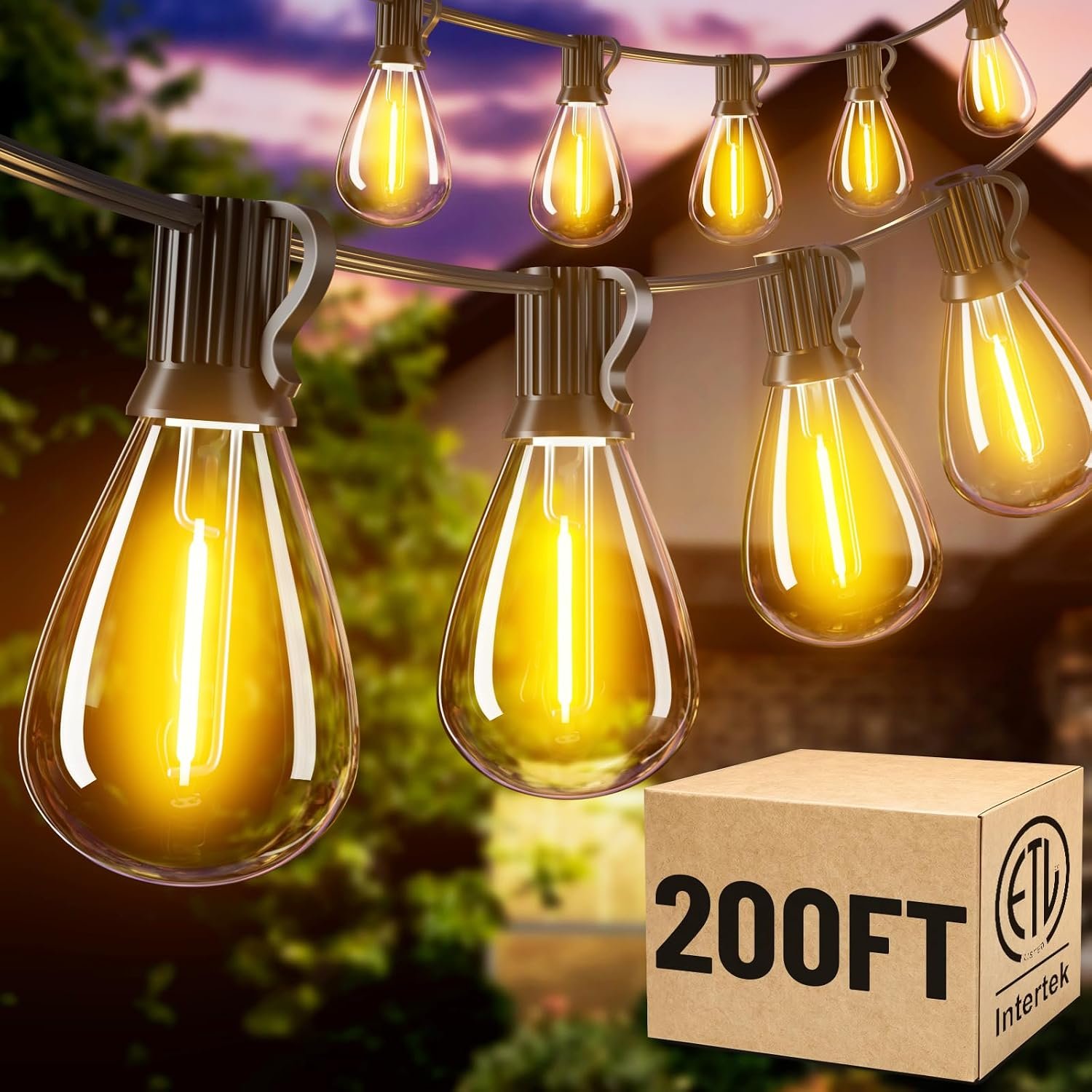 200FT LED Outdoor String Lights with 60+2 Edison Shatterproof Waterproof Bulbs, 2700K Commercial Grade Patio Lights, Heavy Duty Outside Hanging for Garden Porch Deck Decor