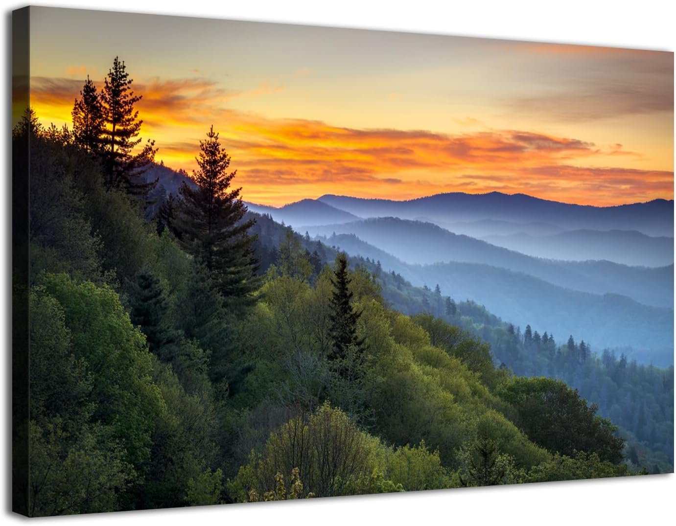 Great Smoky Mountains Wall Art Blue Ridge Mountain Sunset Landscape Canvas Print National Park Nature Forest North Carolina Scenery Artwork for Living Room Bedroom Office Home Decorations Framed 12×16