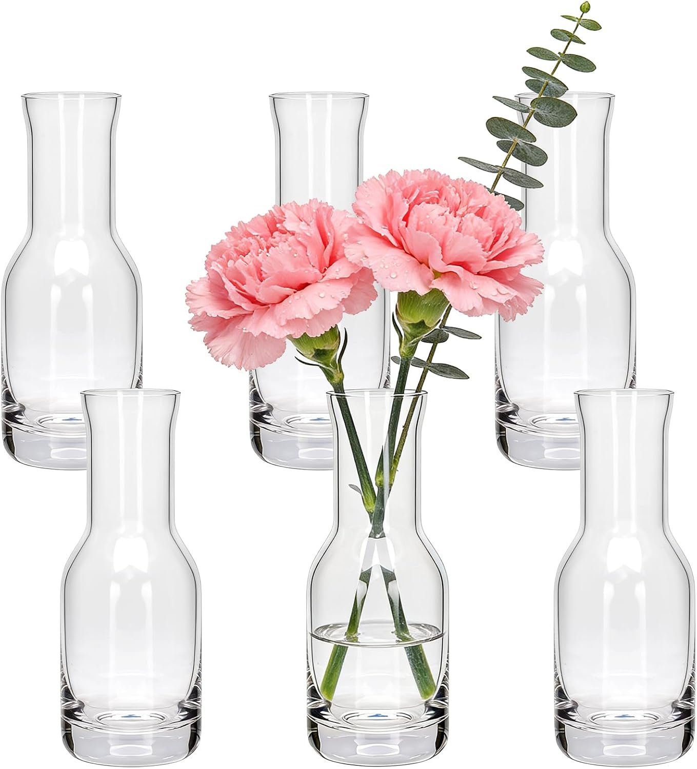6 Inch Small Clear Glass Flower Vase, 6 Pack Ins Modern Boho Style Bud Vase