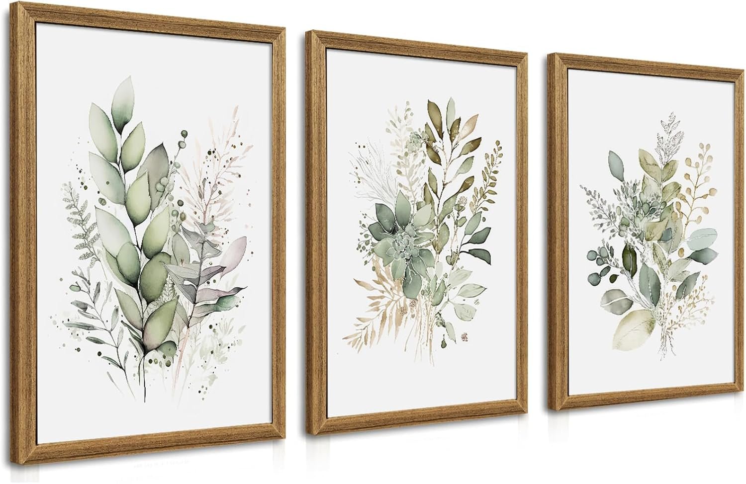WRFON Framed Sage Green Botanical Wall Art Set of 3, Watercolor Eucalyptus & Wild Plant Canvas Prints, Minimalist Green Wall Decor for Living Room Bedroom Bathroom, 20×30 Inches