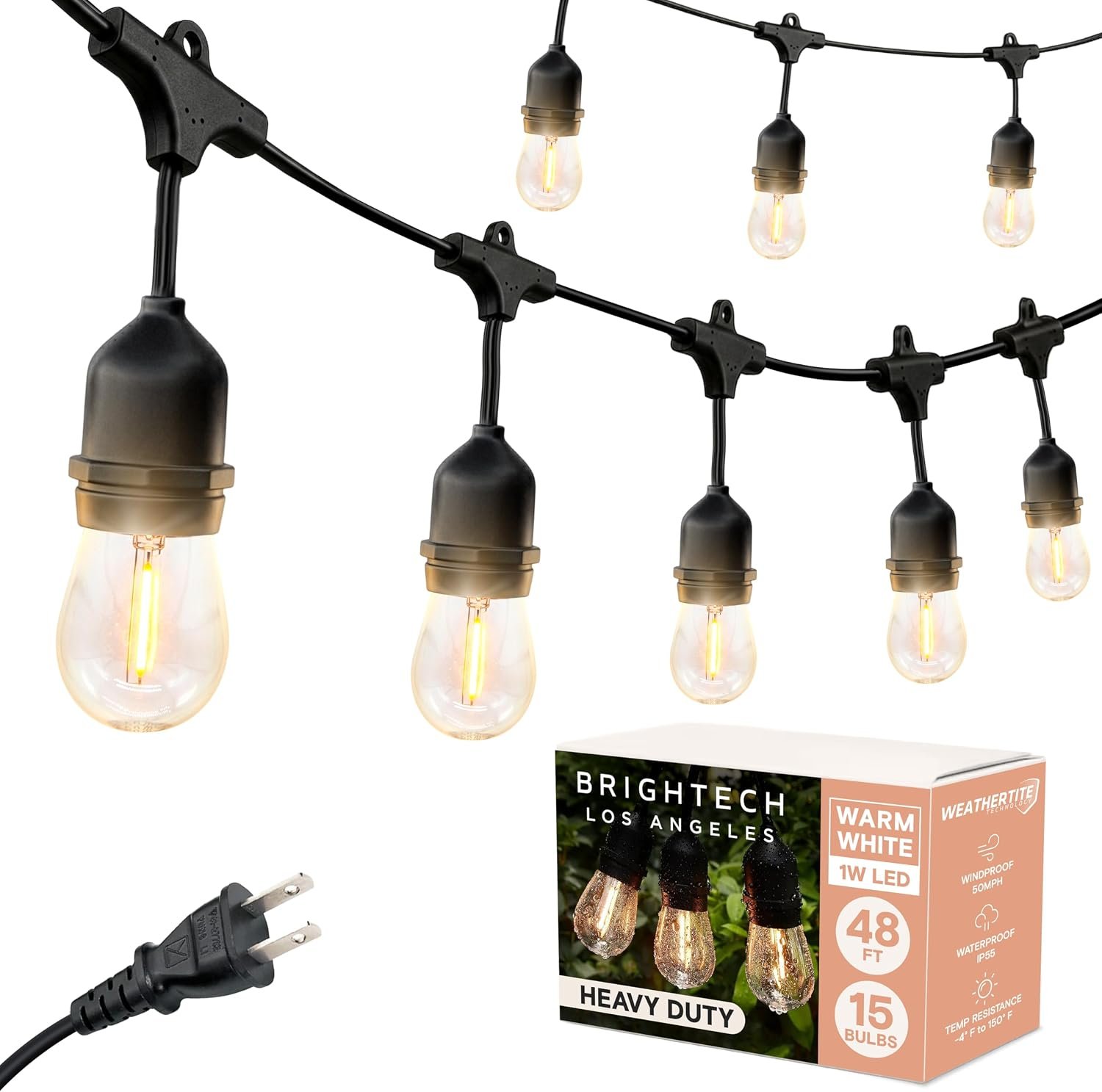Brightech Ambience Pro LED String Lights – 48 Ft Commercial Grade Patio Lights Outdoor Waterproof – Heavy Duty Porch String Lights for Backyard, Christmas – Dimmable Vintage Edison 1W 15 Bulbs,