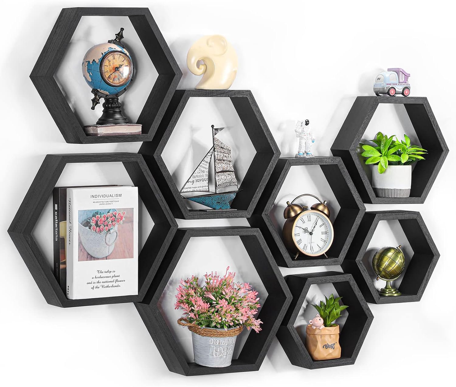 CADUKE Hexagon Floating Shelves Set of 8, Black