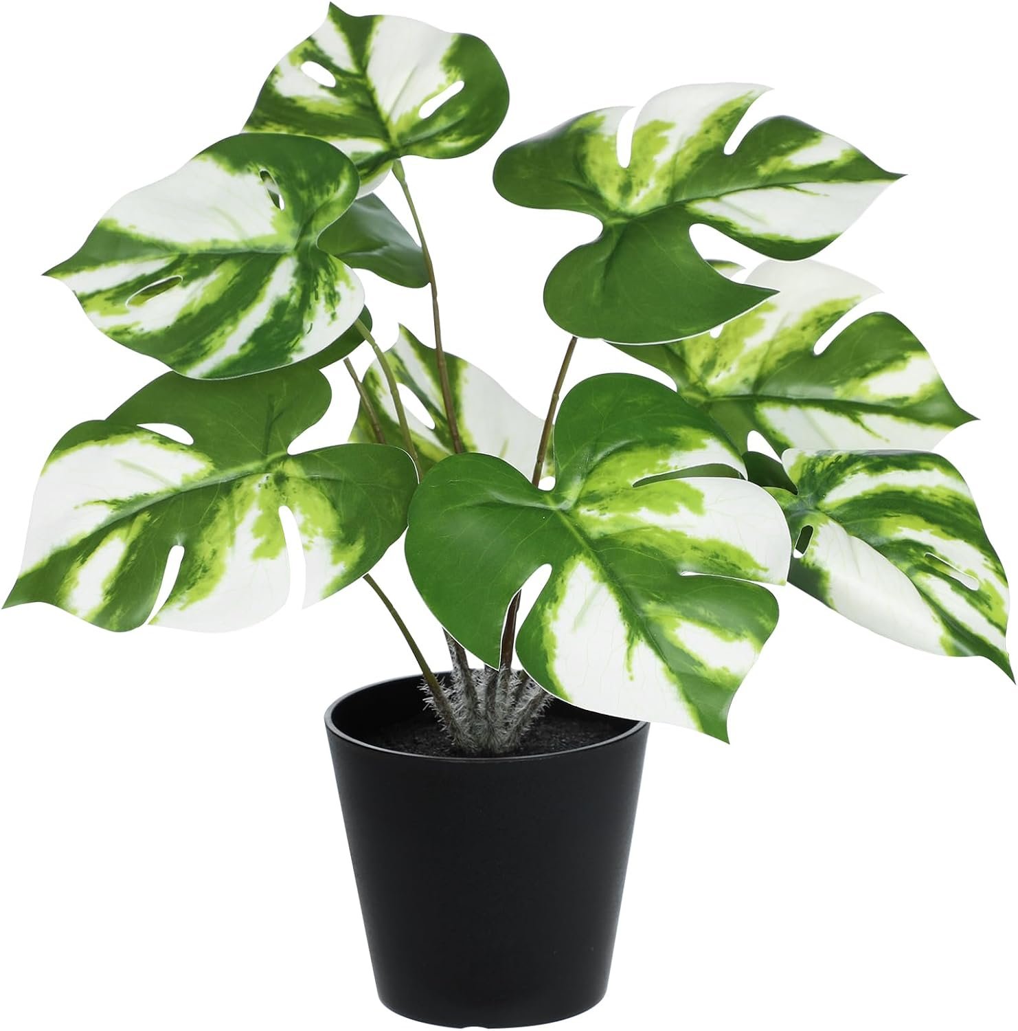 Briful Fake Plants 11.8” Realistic Monstera Plant Artificial Potted Indoor Plant Houseplant in Black Pot for Home Decor Wedding Centerpiece Dining Table Farmhouse, White Leaves