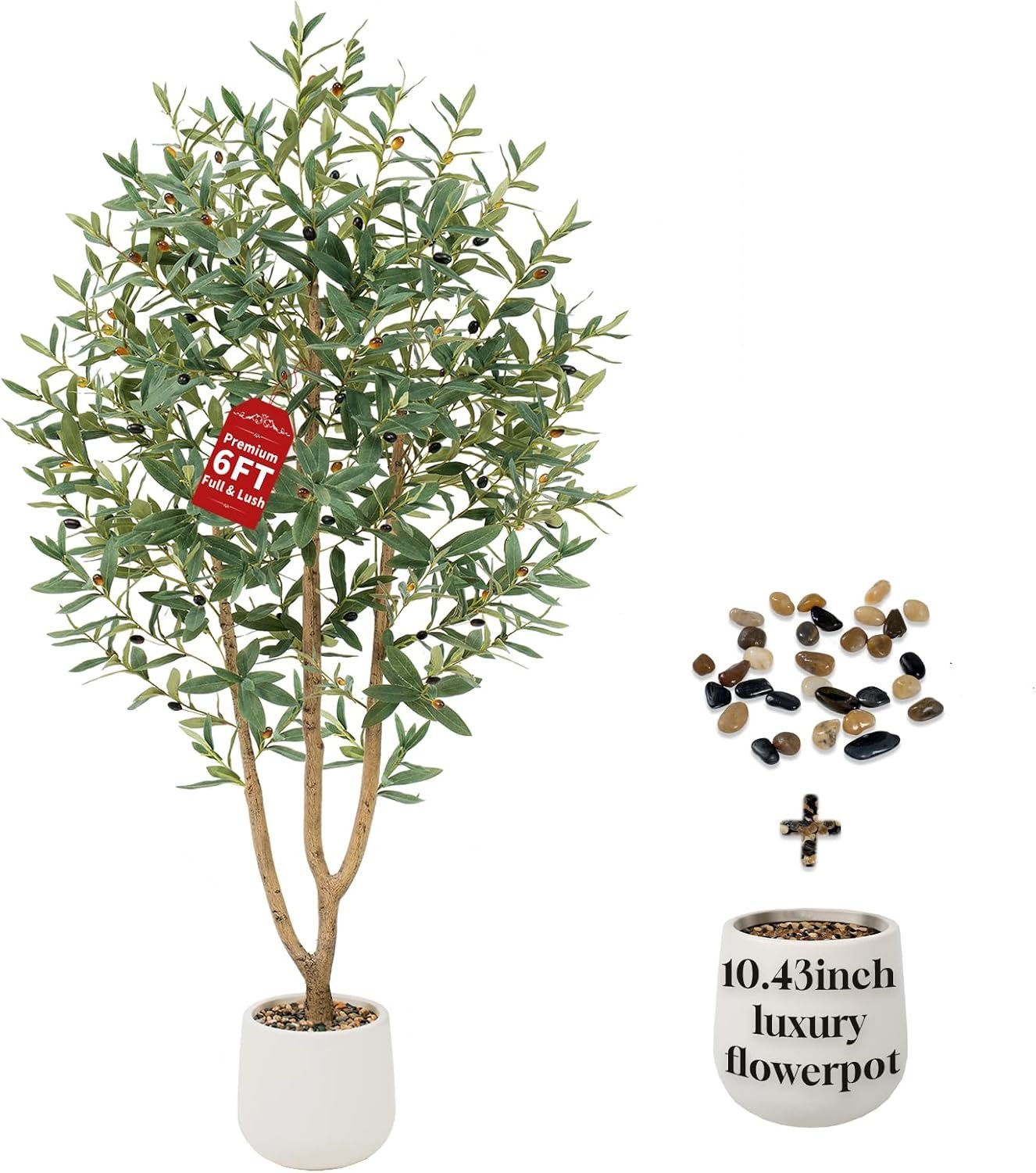 6FT Olive Trees Artificial, Large Faux Olive Tree with White Tall Planter, Faux Tree Indoor with Lush Lifelike Fruits for Living Room Bedroom Balcony Corner Office Home Decor