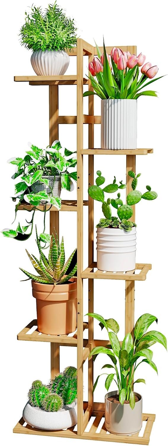 DolceLuna Plant Stand Indoor 6 Tier, Bamboo Plant Shelf Corner Display Rack