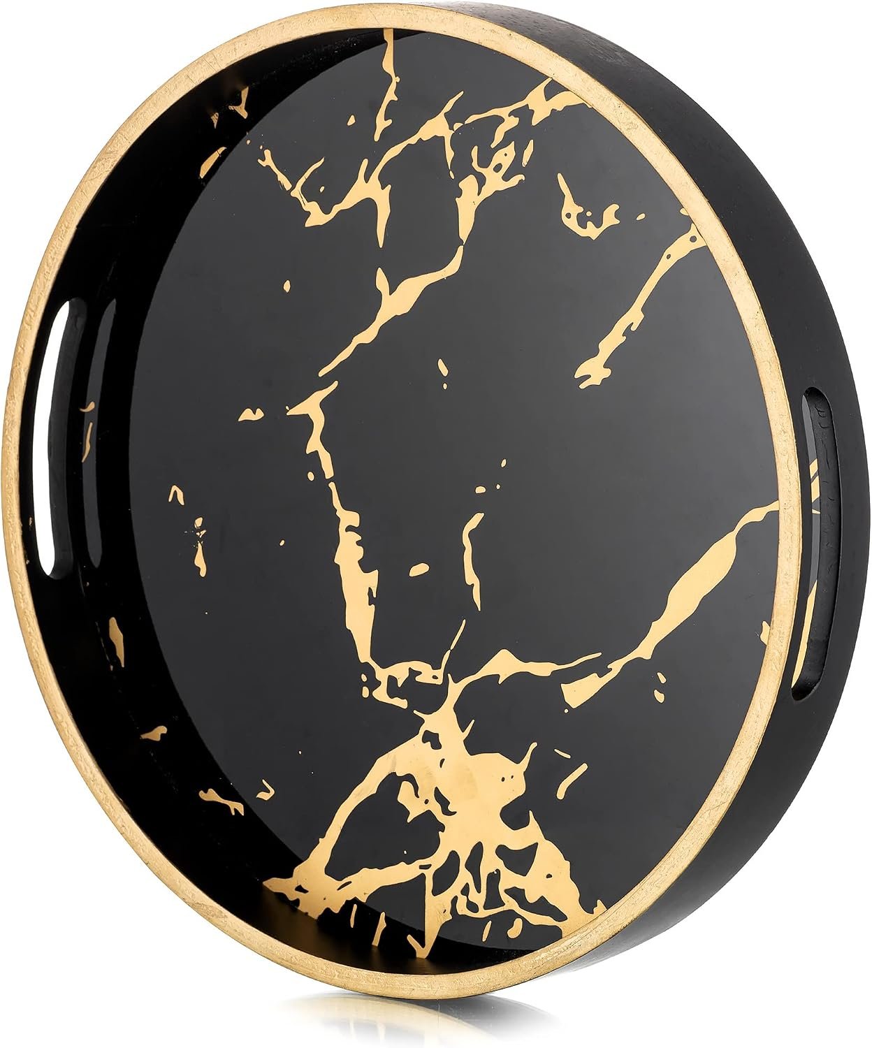 Hanobe Round Decorative Coffee Table Tray for Bathroom, Black Marble Finish
