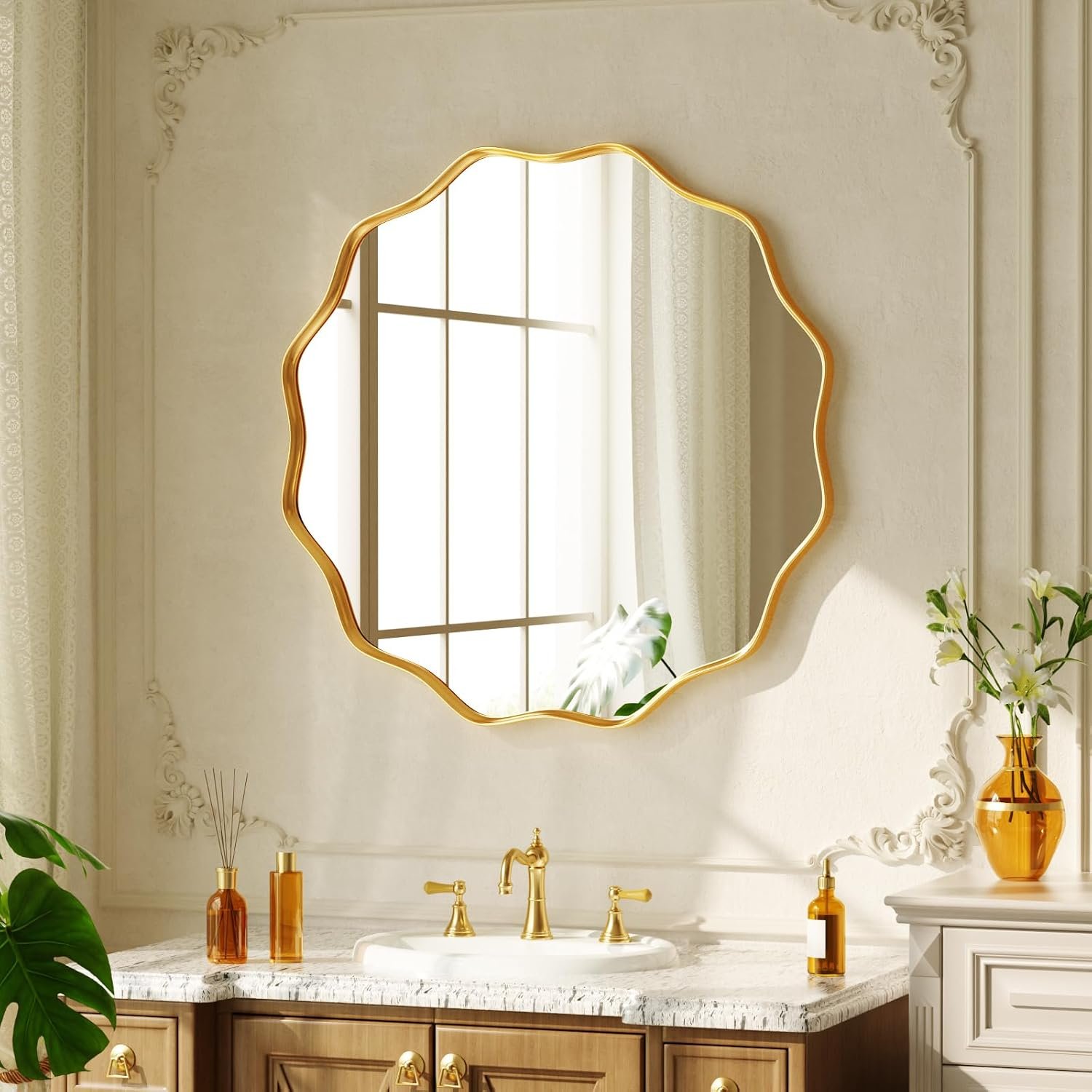 20″ Decorative Scalloped Round Wall Mirror, Wavy Metal Deep Frame, Gold