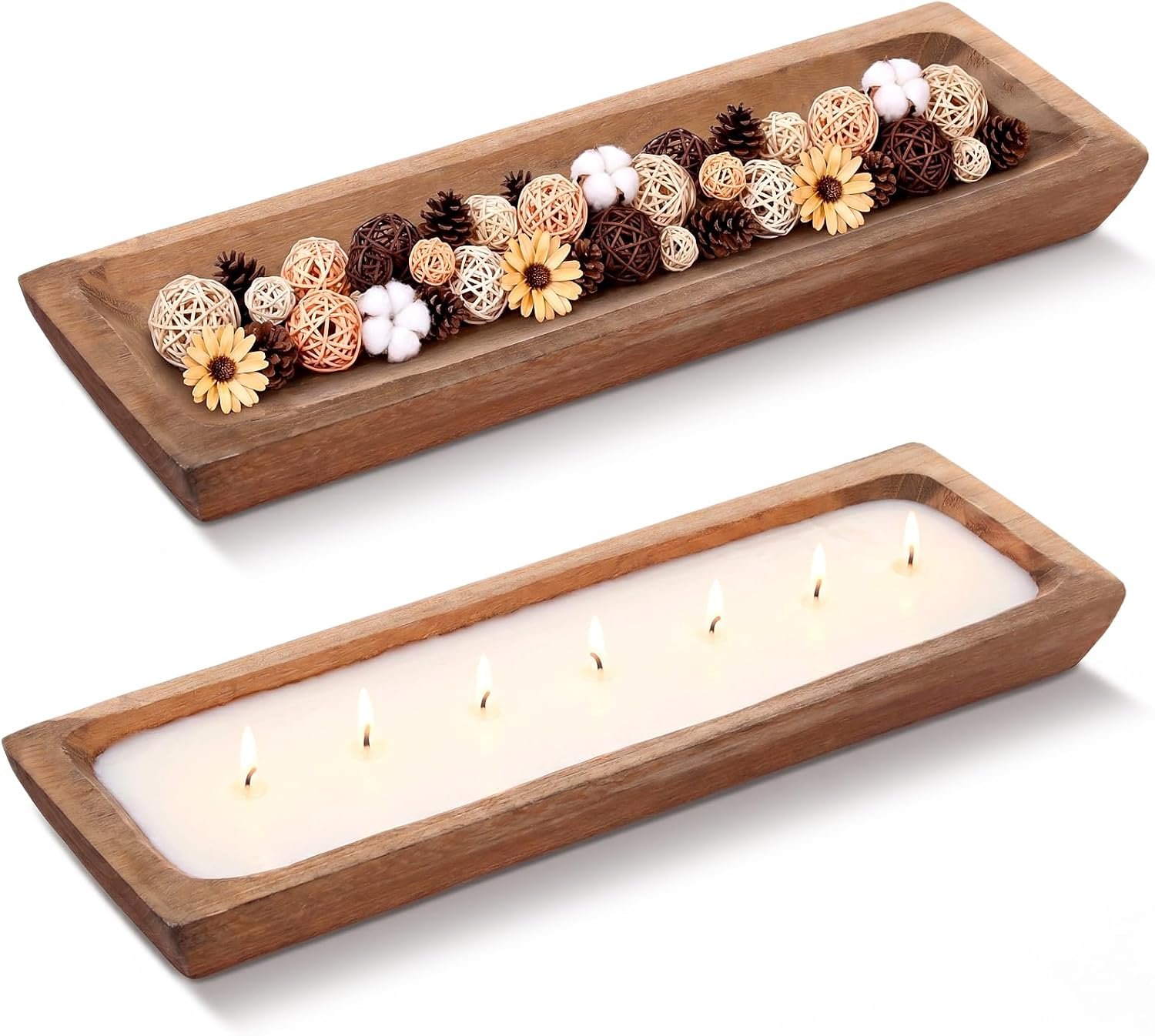 Sawysine 20″ X 6.5″ Wooden Dough Bowl Candle Tray, Dark Brown, Rectangle