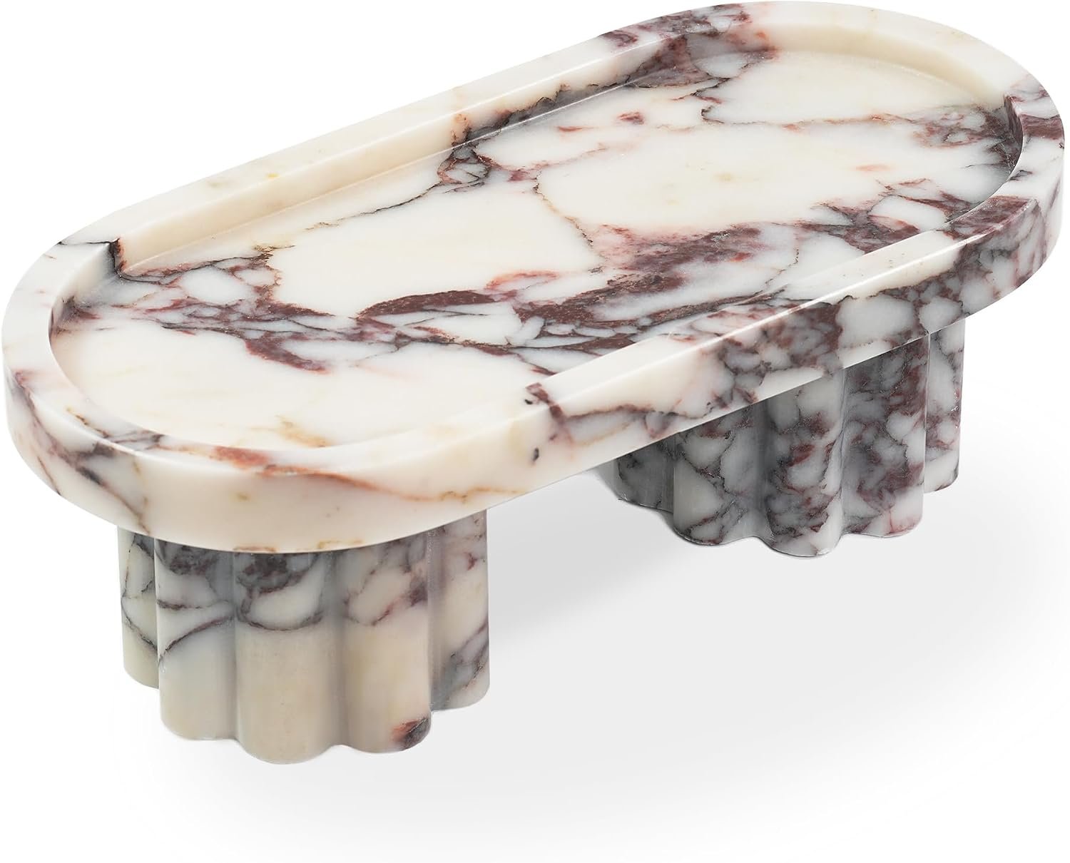 Marble Perfume Tray with Legs – Oval Decorative Stone Pedestal for Bathroom Vanity Coffee Table Kitchen Countertop, Footed Jewelry Candle Organizers Catchall Plate Riser with Scalloped Feet