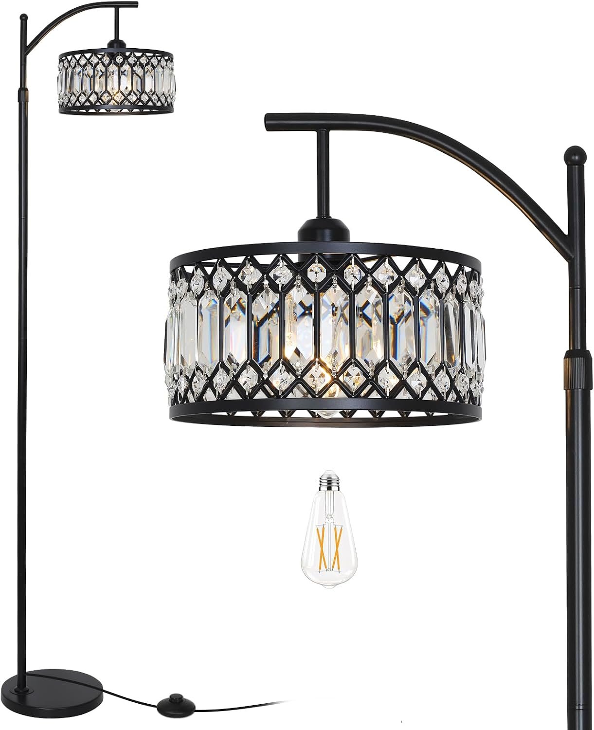 Crystal Floor Lamps for Living Room, Modern Arc Floor Lamp, Black Standing Lamp with Edison Bulb, Height Adjustable Tall Lamp for Bedroom, Corner Stand Up Lamp for Office, Arched Reading Light