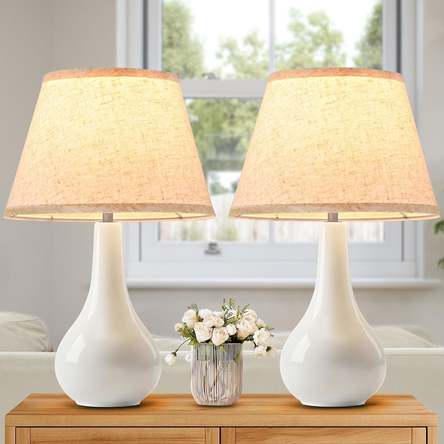 19″ Ceramic Table Lamps Set of 2 – Table Lamps for Living Room, Modern Bedside Nightstand Lamp for Bedroom, White Desk Lamp for End Table Home Decor Gifts for Women Mom Oatmeal
