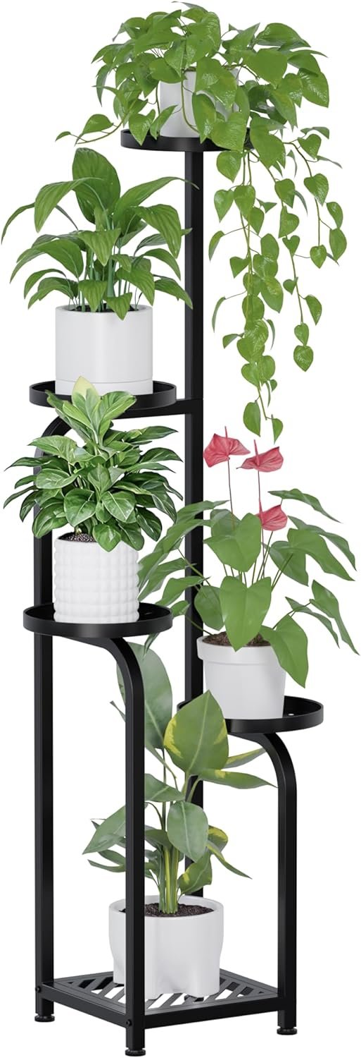 TOSKING Tall 5-Tier Square Plant Stand Indoor Outdoor, Anti-Tip, Black