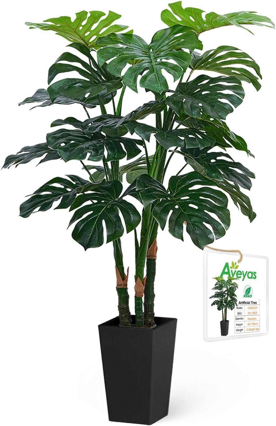 Aveyas 4ft Tall Artificial Monstera Deliciosa Plants, 4 ft Faux Swiss Cheese Plants Fake Silk Tree with Pot for Indoor Outdoor Office House Living Room Home Decor (4 Feet Tall Including Raised Pot)
