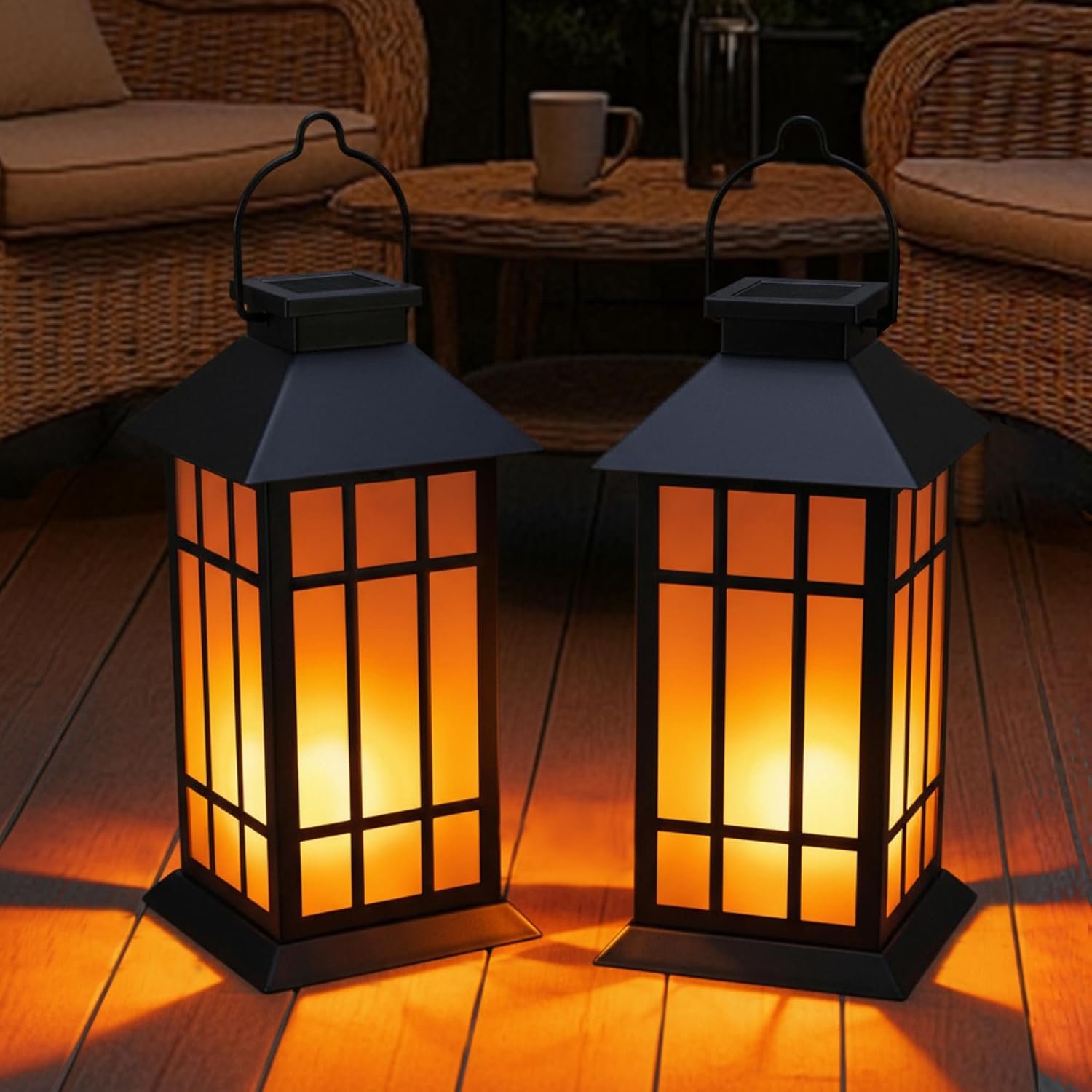 Solar Lanterns Outdoor Waterproof, 2 Pack 13″ Metal & Glass Hanging Solar Lantern Lights, Grid Pattern IP46 Decorative Outdoor Solar Lanterns for Patio Table Yard Porch Garden Decor