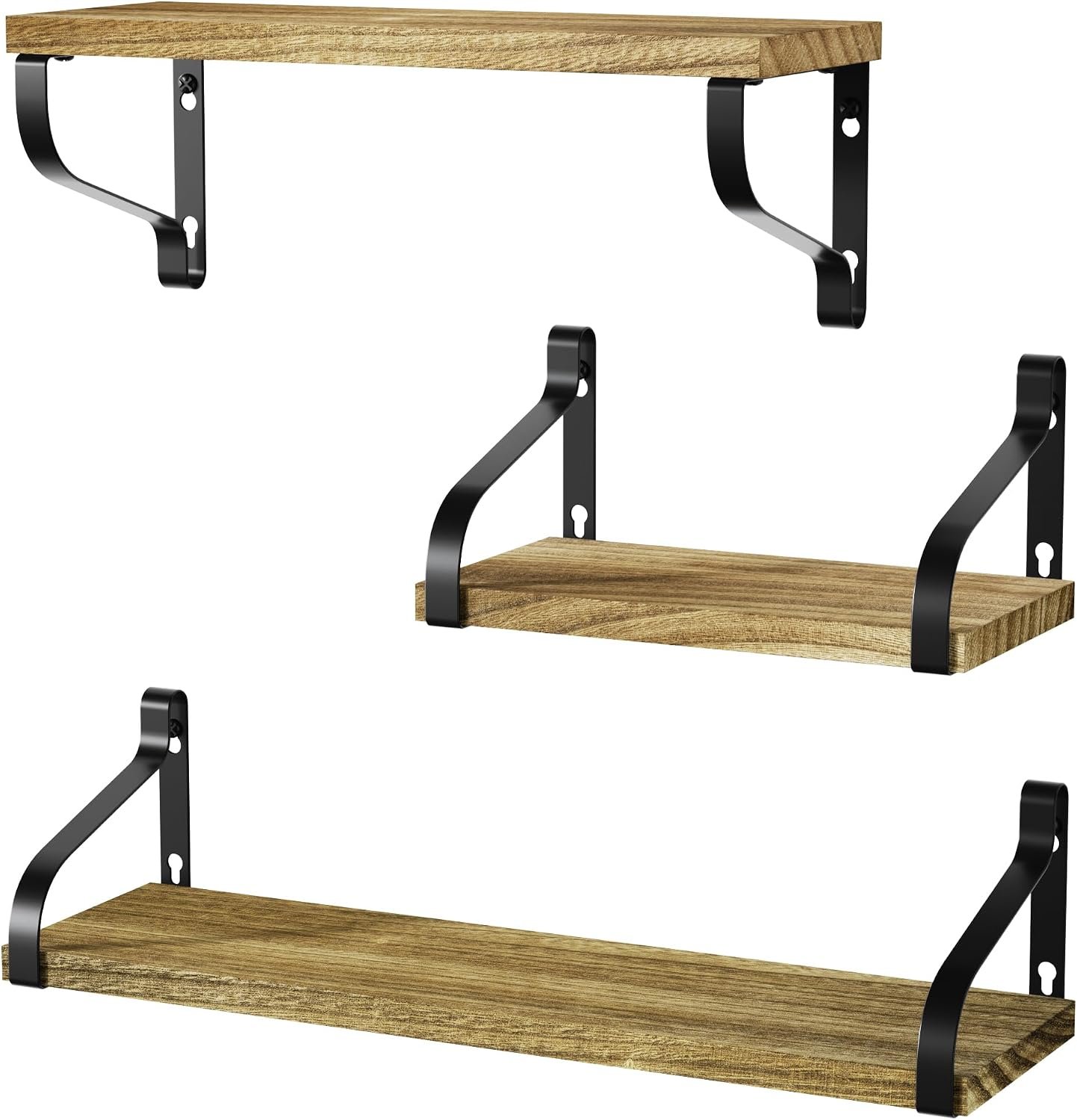 Love-KANKEI Floating Wall Shelves Set of 3,Solid Wood,Carbonized Black