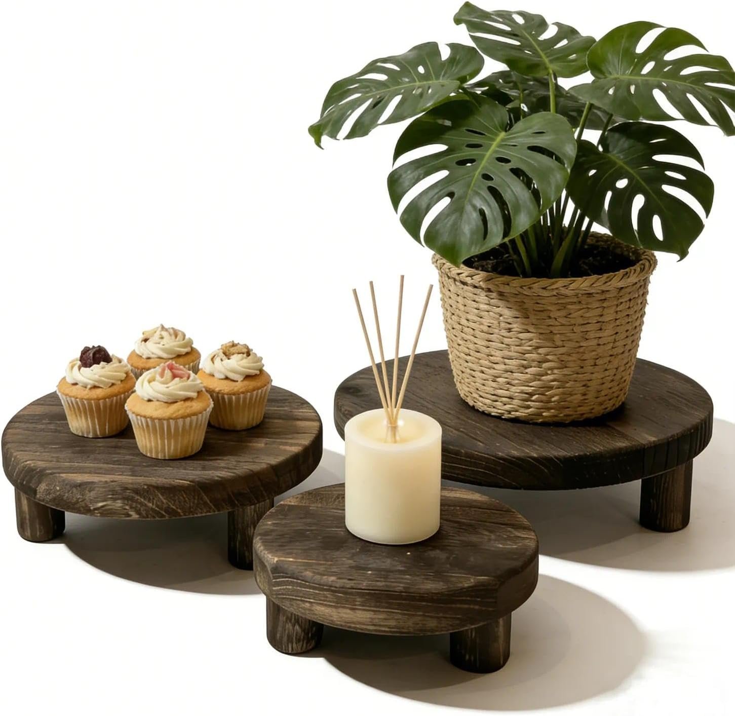 6″/8″/10″ 3pcs Unfinished Rustic Wood Stands – Wooden Round Riser – Plant Risers Stand for Decor Display