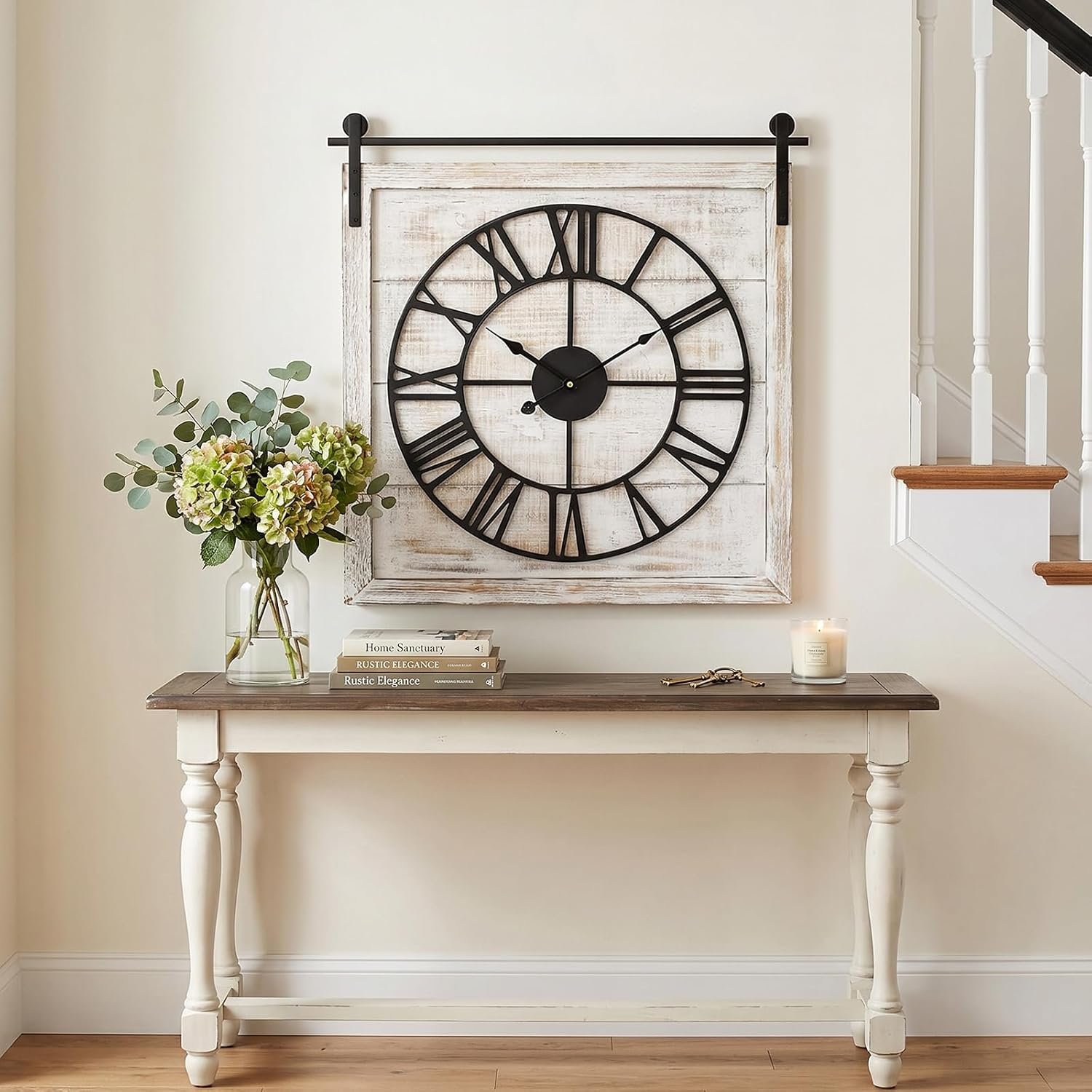 24 Inch Large Rustic Wall Clock, Farmhouse Square Wood Frame with Black Metal Barn Door Style Hanging Rod, Silent Non-Ticking Quartz Movement, for Living Room, Fireplace, or Dining Room
