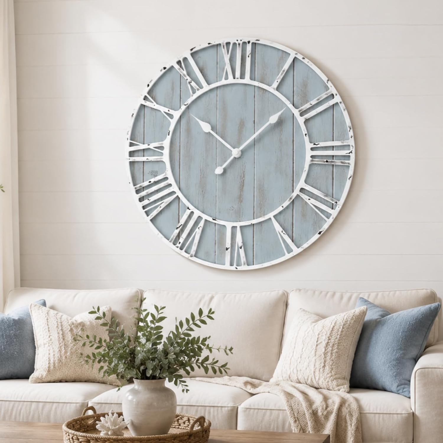 Quelay 30 Inch Large Coastal Wall Clock, Blue Farmhouse Clock