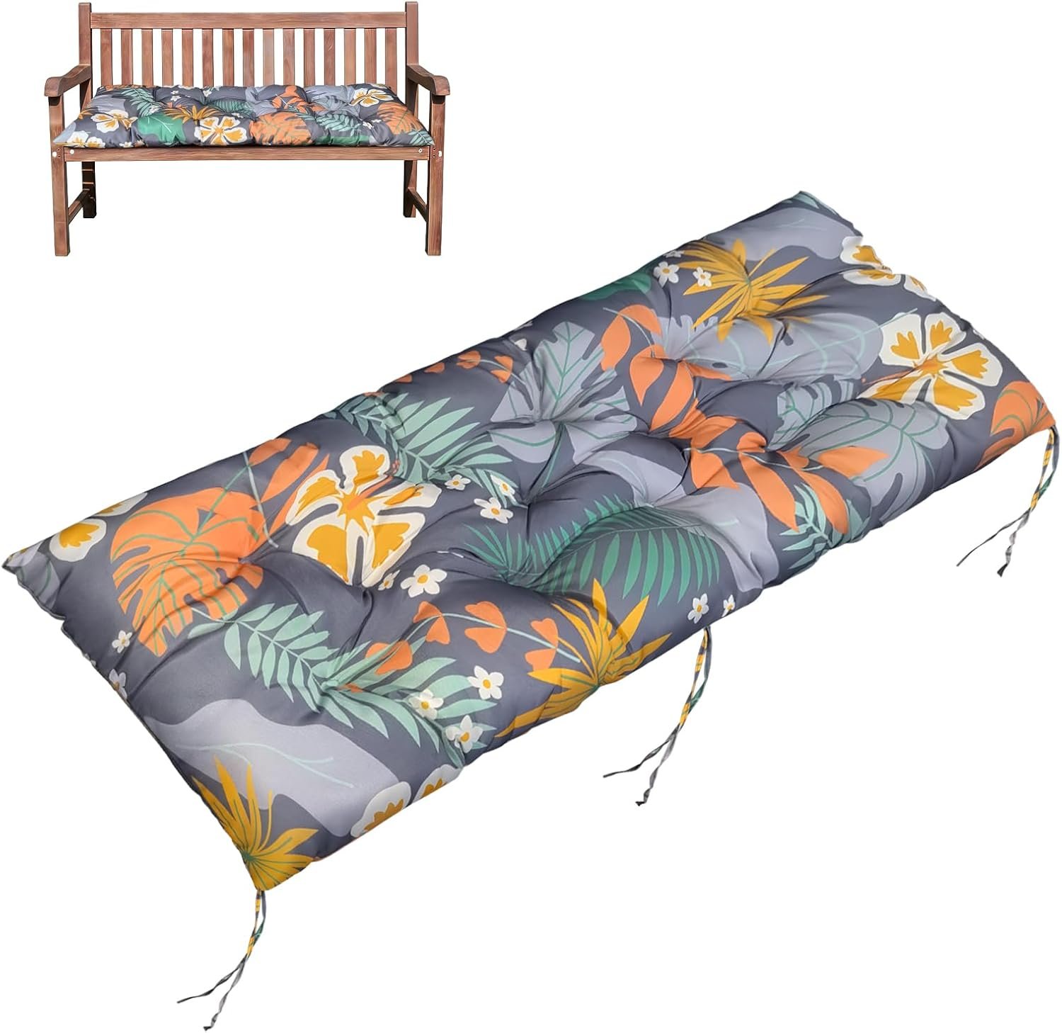 Gnostik Outdoor Bench Cushion, 48×20 Inch, Tropical Floral Waterproof Loveseat Swing Furniture, Tufted Patio Bench Seat Cushion, Outdoor Cushions for Porch Couch, Sofa Window